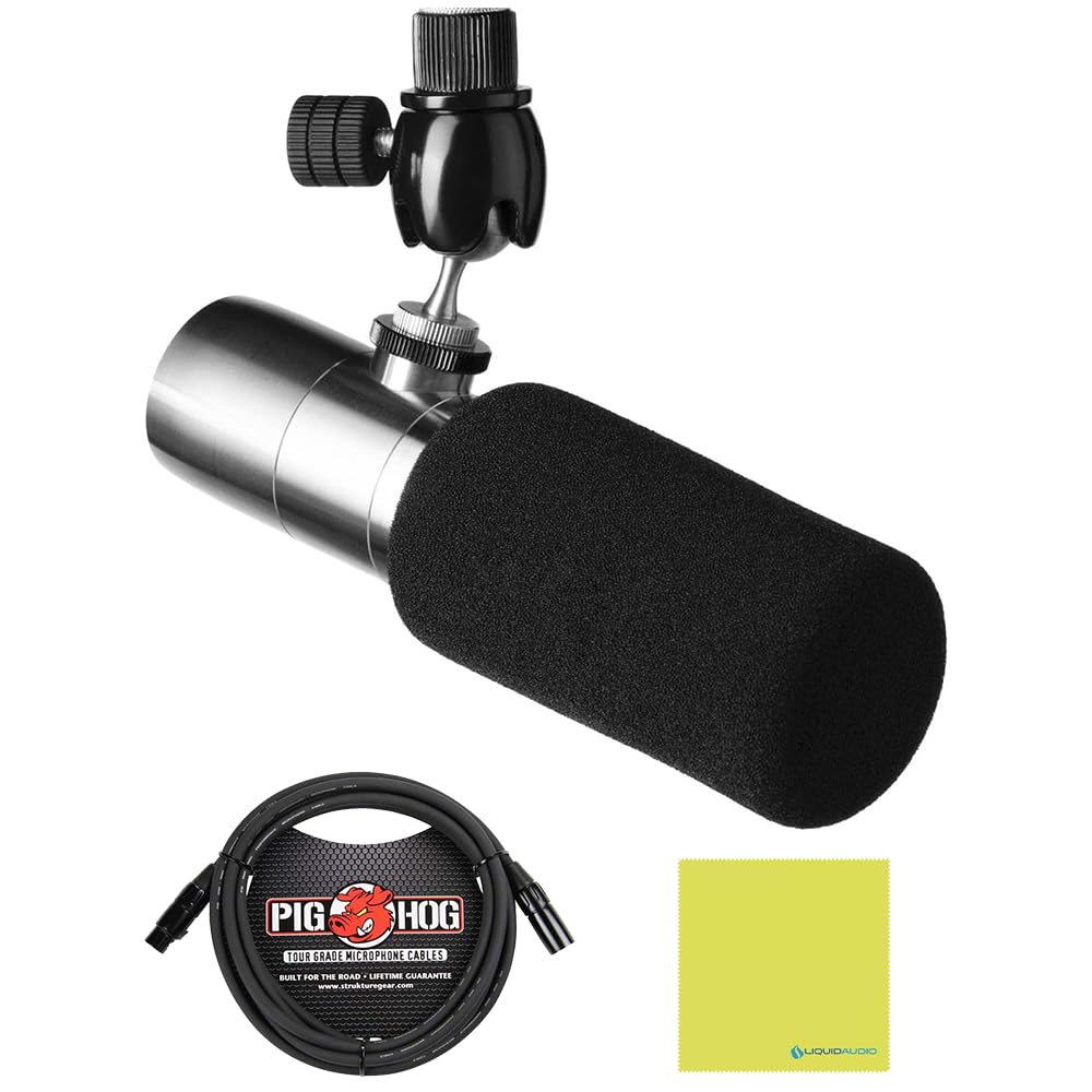 Liquid Audio Earthworks ETHOS Streaming & Broadcasting Microphone Silver Bundle with 10ft Pig Hog Microphone Cable & Polishing Cloth – Broadcast-Grade Dynamic Mic for Voice, Podcasting & Streaming