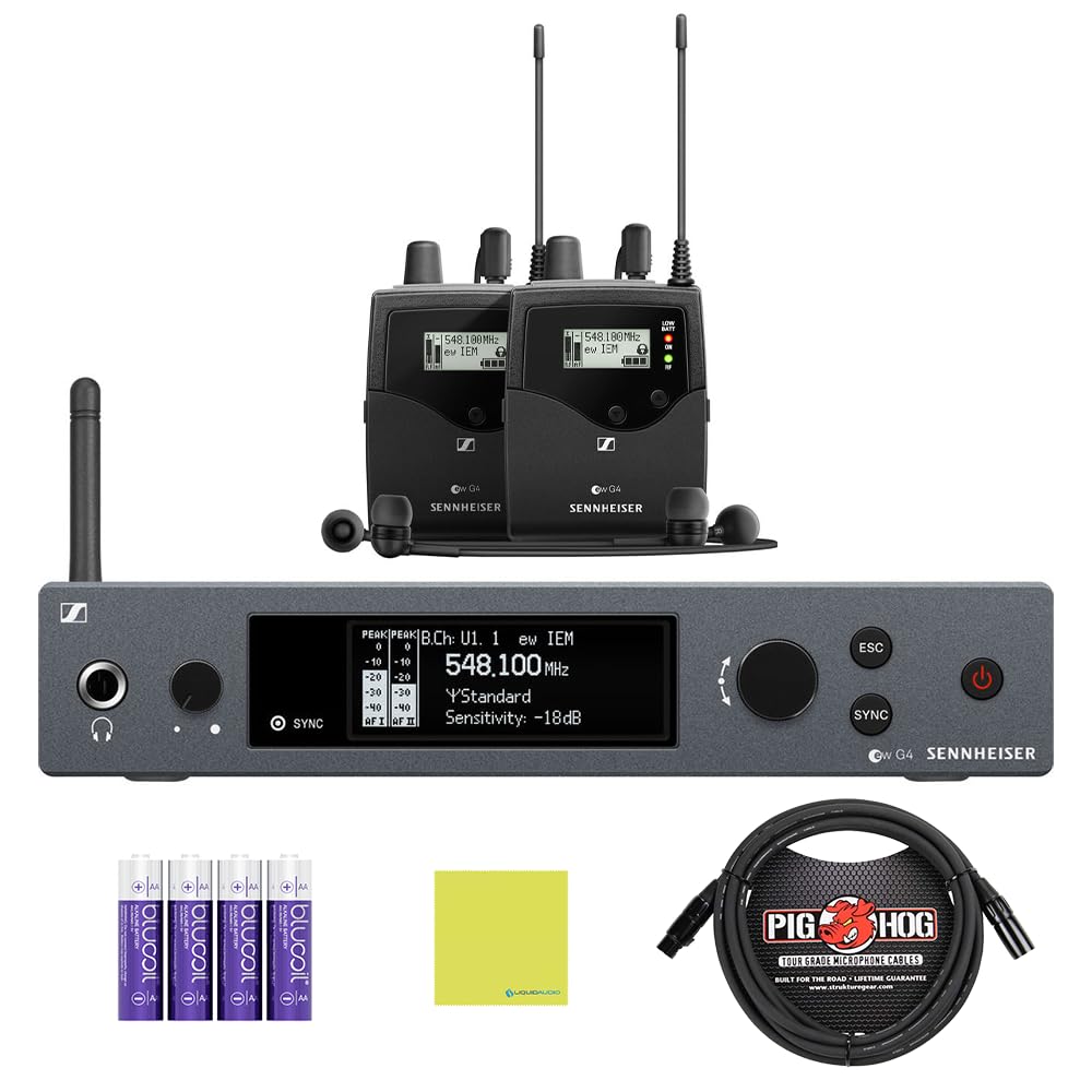 Liquid Audio Sennheiser ew IEM G4-Twin-A Wireless in-Ear Monitoring System Bundle w/Pig Hog PHM10 8mm Mic Cable, 4-Pack Blucoil AA Batteries Polishing Cloth