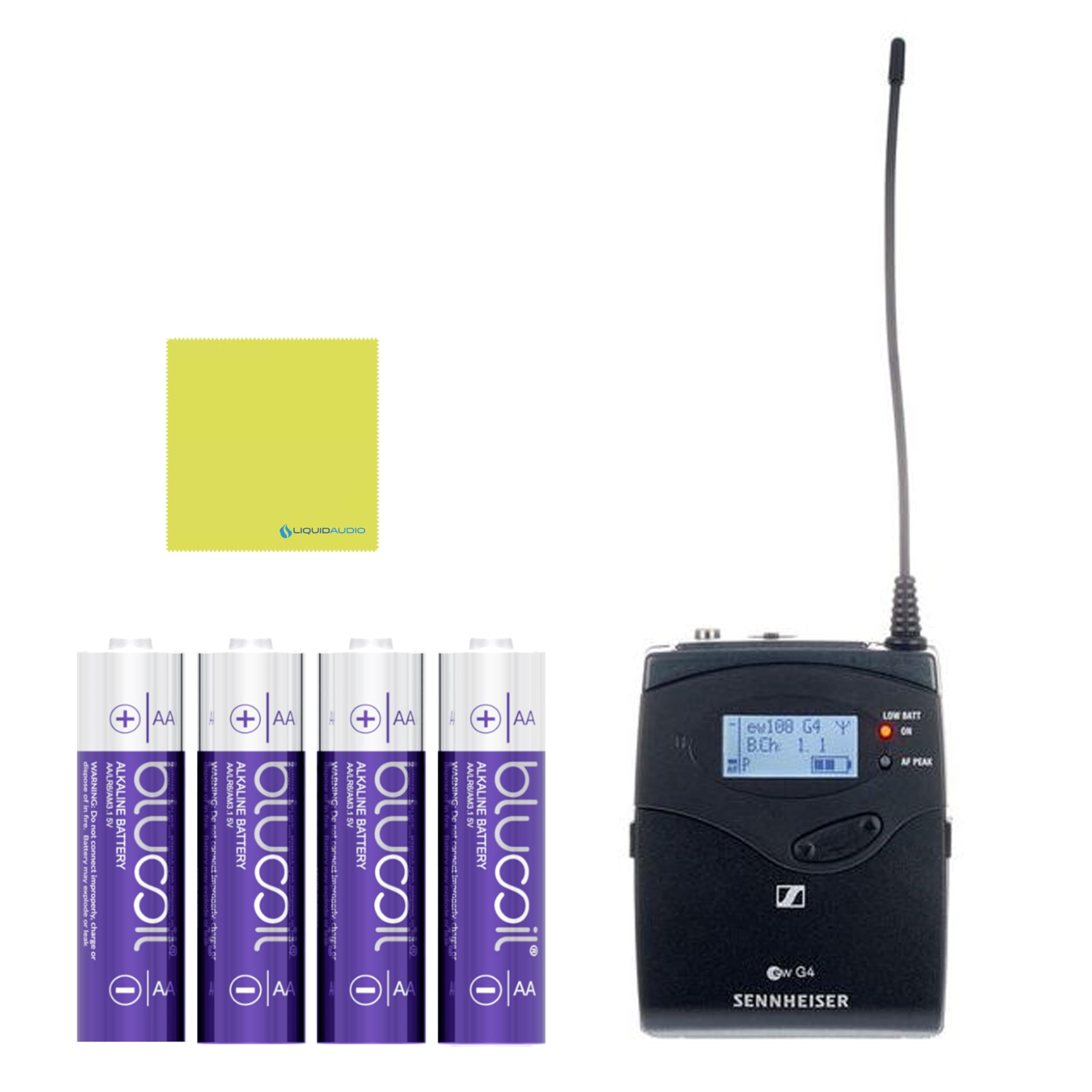 Sennheiser SK 100 G4-G Wireless Bodypack Transmitter with Blucoil AA Batteries (4-Pack) and Liquid Audio Polishing Cloth Bundle