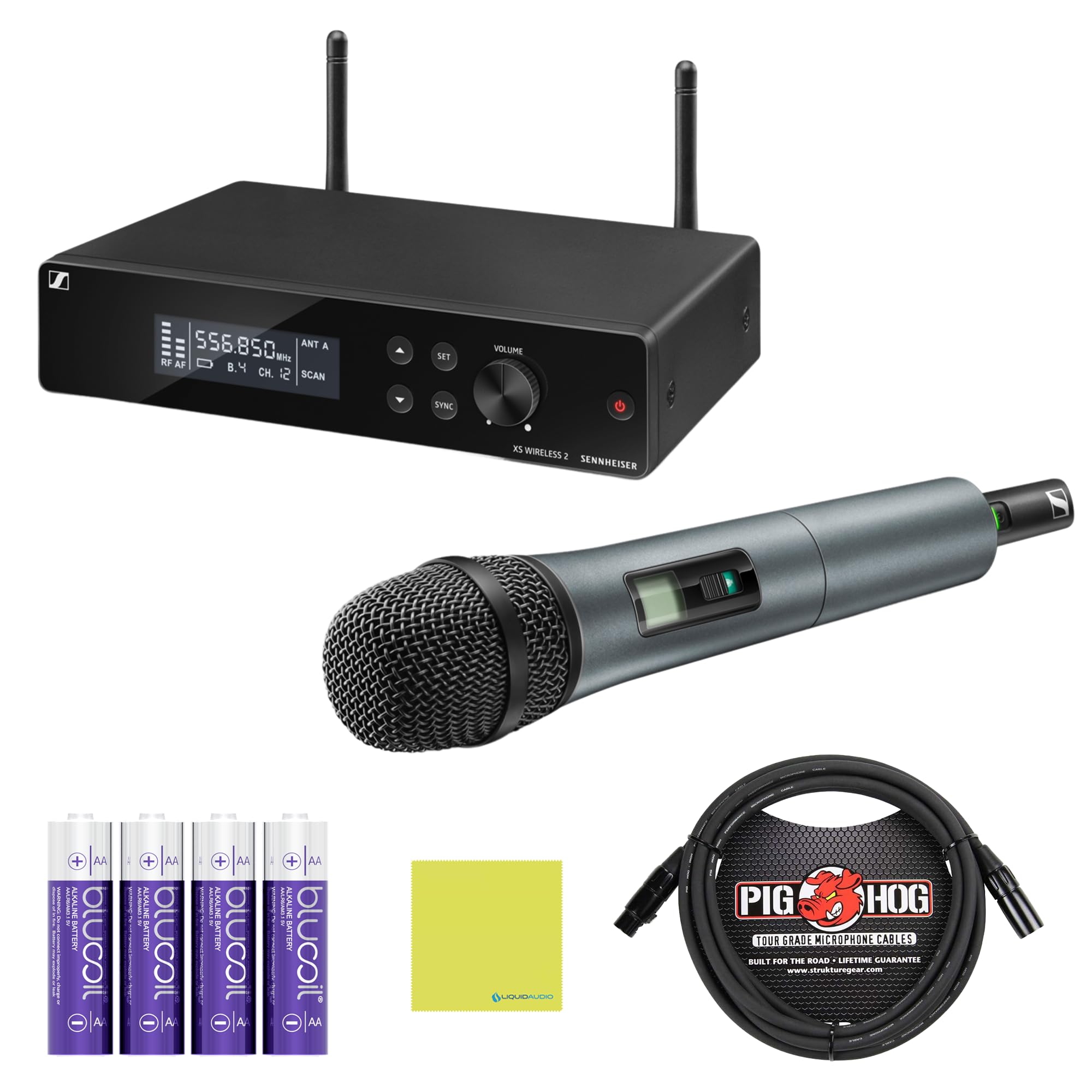 Liquid Audio Sennheiser XSW 2-865-A Wireless Handheld Microphone System Bundle w/Pig Hog PHM10 8mm Mic Cable, 4-Pack Blucoil AA Batteries Polishing Cloth