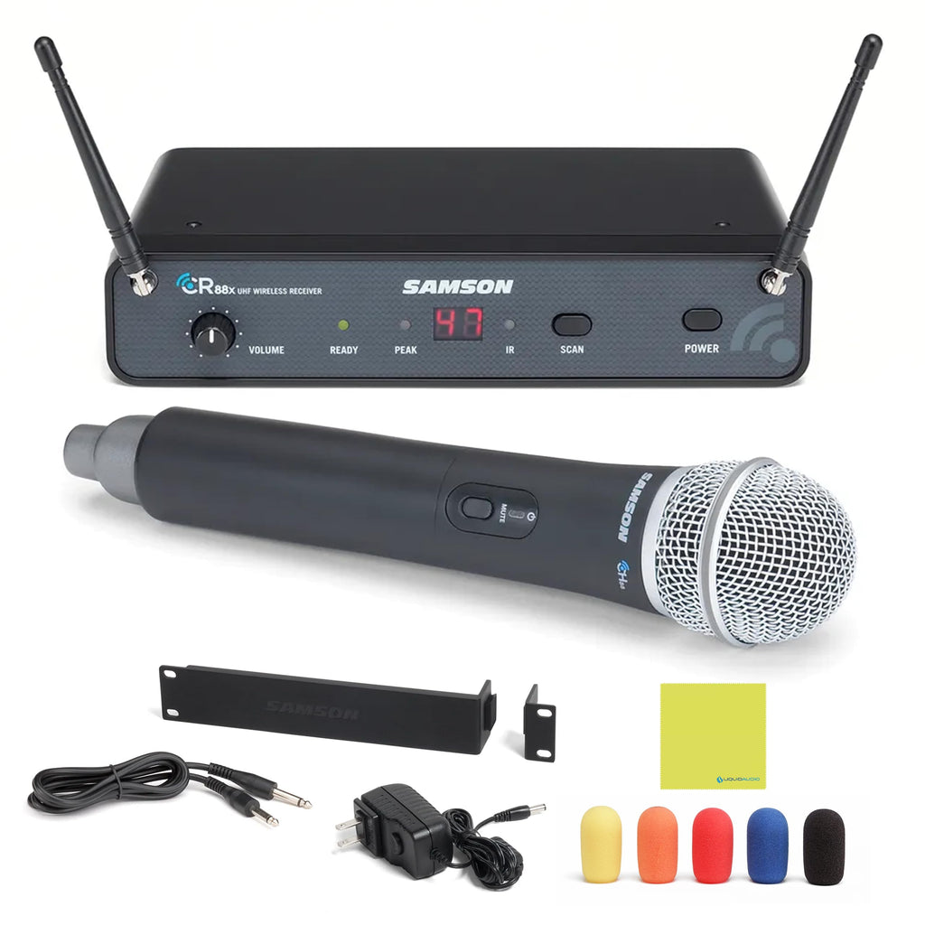Samson Technologies Concert 88x Handheld Wireless System with Q7 Microphone (D Band), Black Bundle with 5 Windscreens and Instrument Polishing Cloth