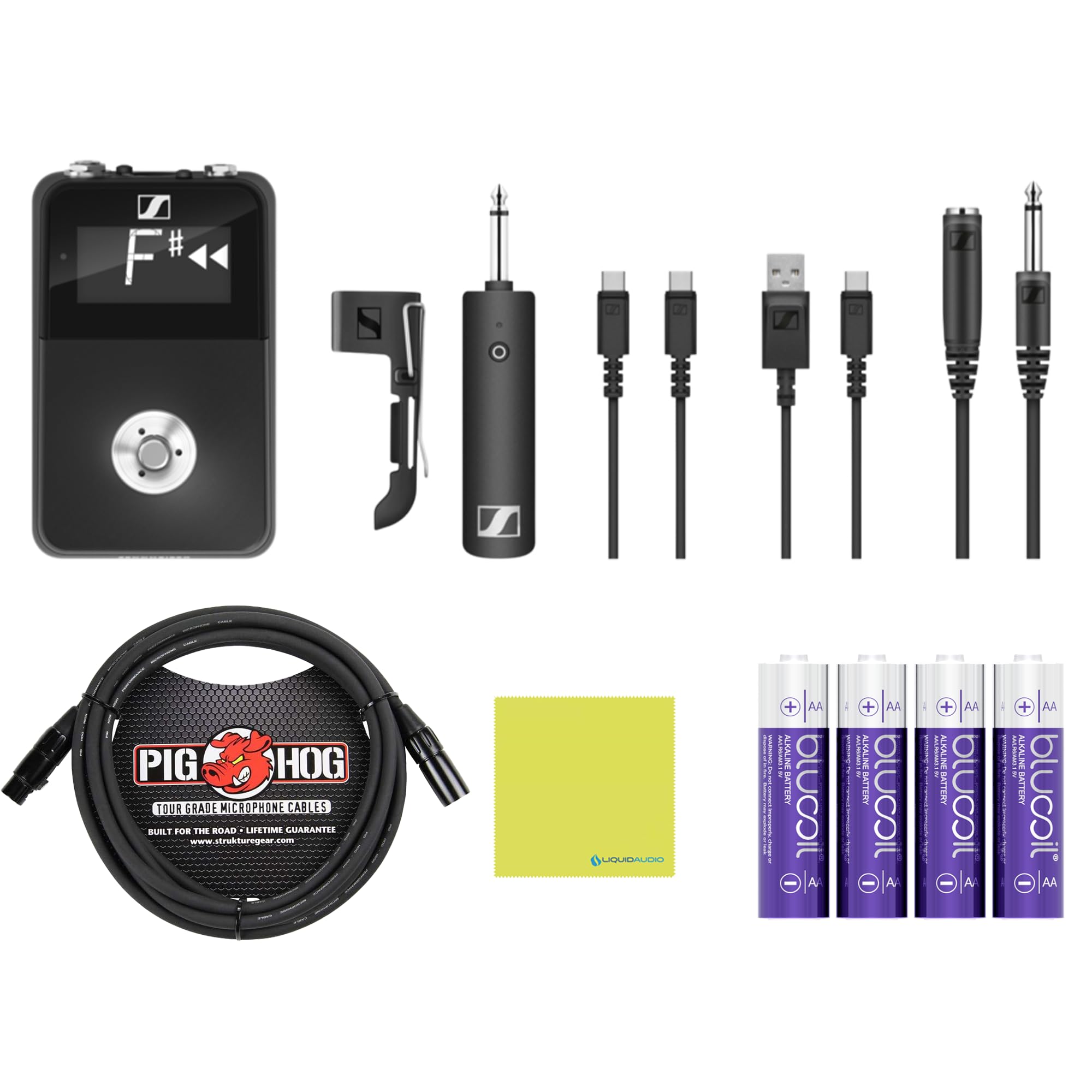 Liquid Audio Sennheiser XSW-D Pedalboard Set - Digital Wireless Guitar System Bundle w/Pig Hog PHM10 8mm Mic Cable, 4-Pack Blucoil AA Batteries Polishing Cloth