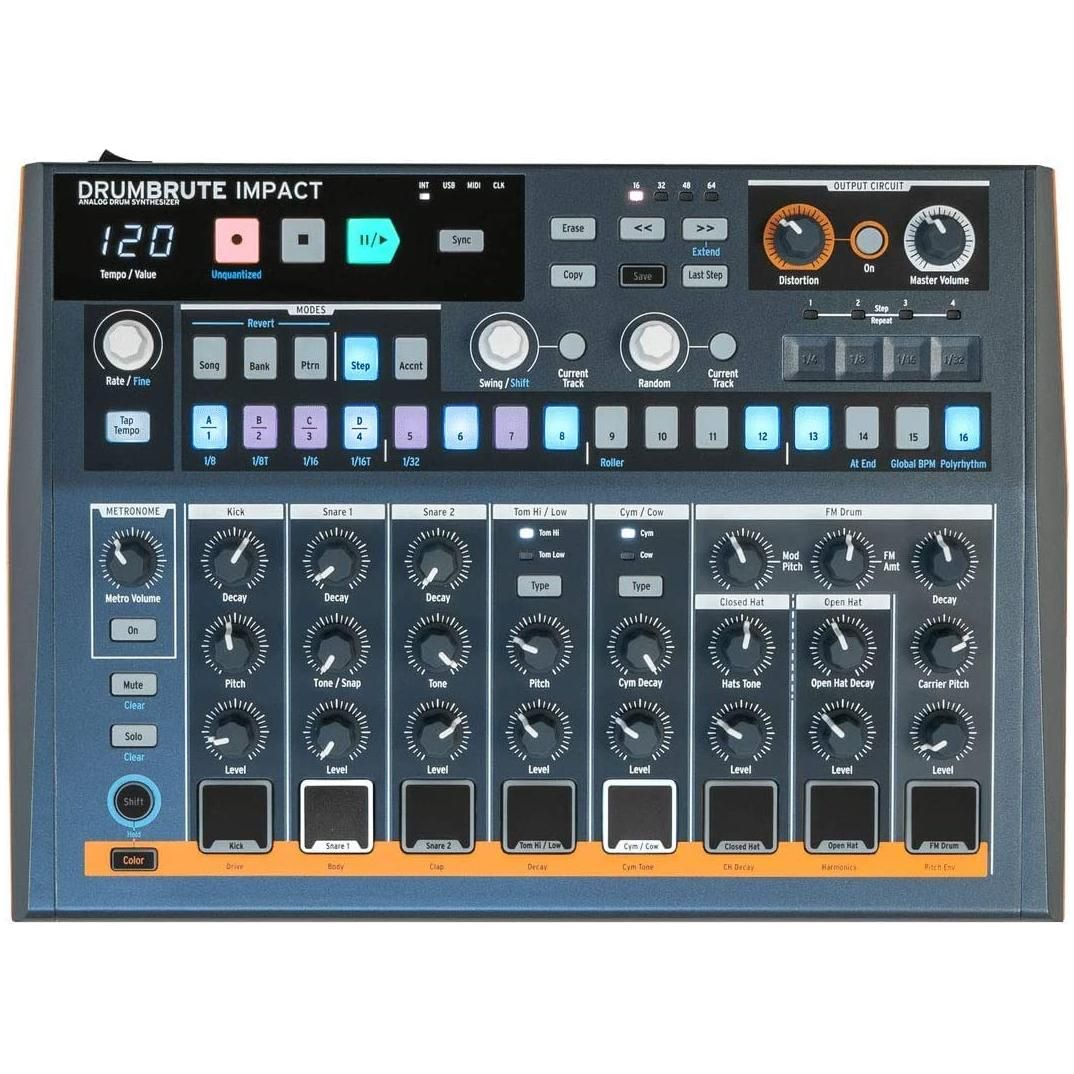 Arturia DrumBrute Impact Analog Drum Machine BUNDLE with 2x Pig Hog MIDI Cable 6ft, Power Supply, and Polishing Cloth
