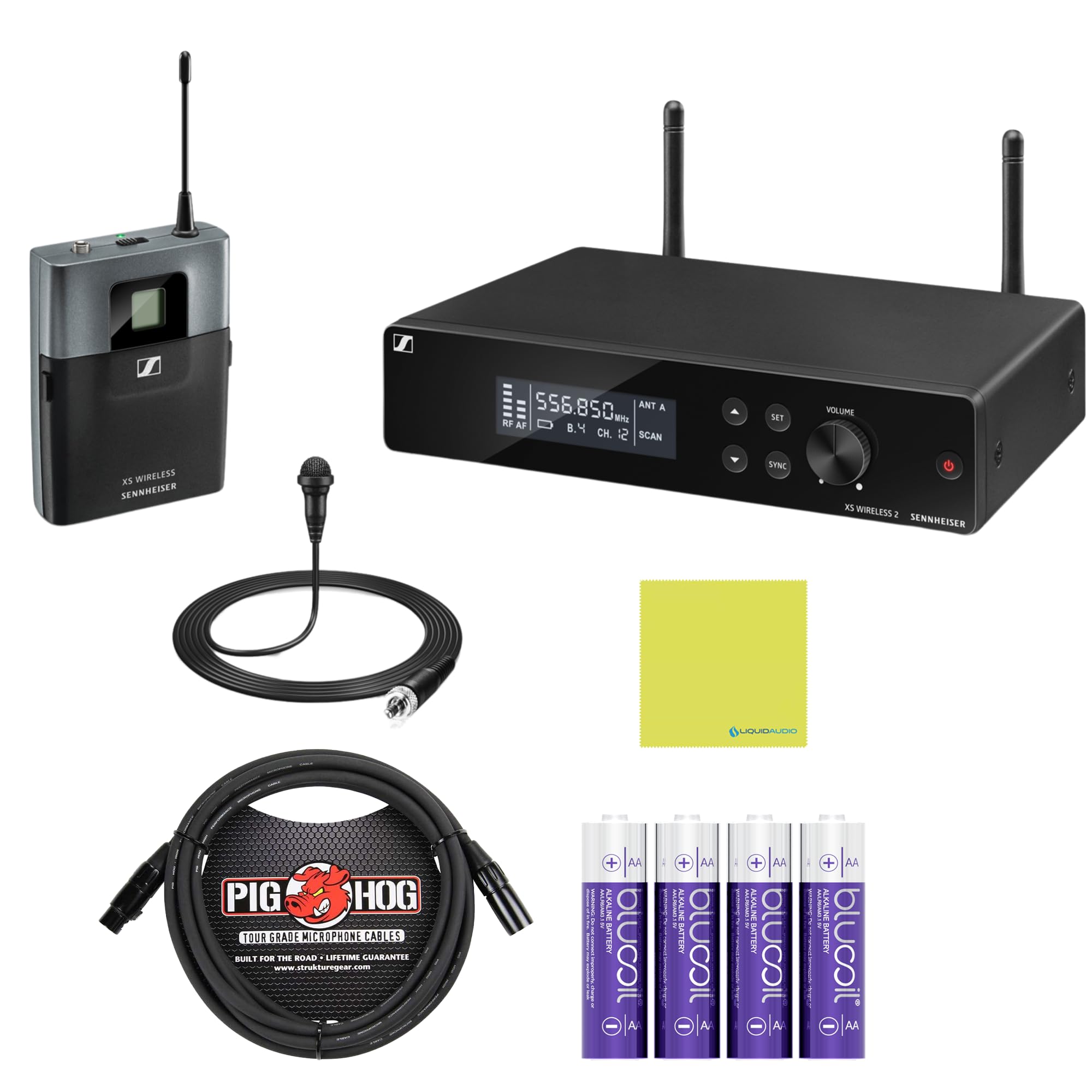 Sennheiser XSW 2-ME2-A Wireless Lavalier Microphone System Bundle w/Pig Hog PHM10 8mm Mic Cable, 4-pack Blucoil AA Batteries and Liquid Audio Polishing Cloth