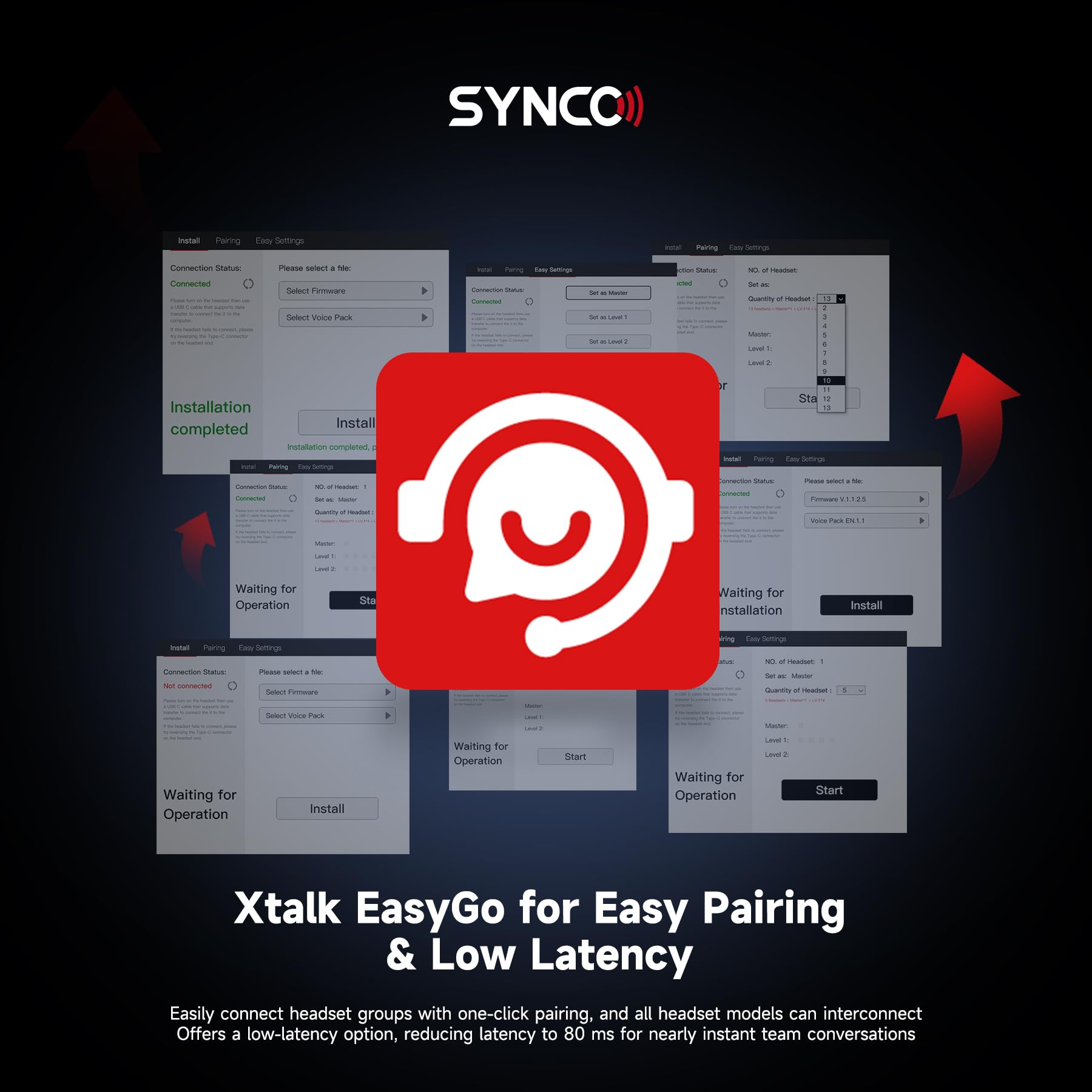 SYNCO XTalk XPro9 Wireless Intercom Headset System with Antenna Enhanced Signal Reception Support 500m/1640ft 2.4GHz 9-Person Team Communication,24-Hour Battery Life