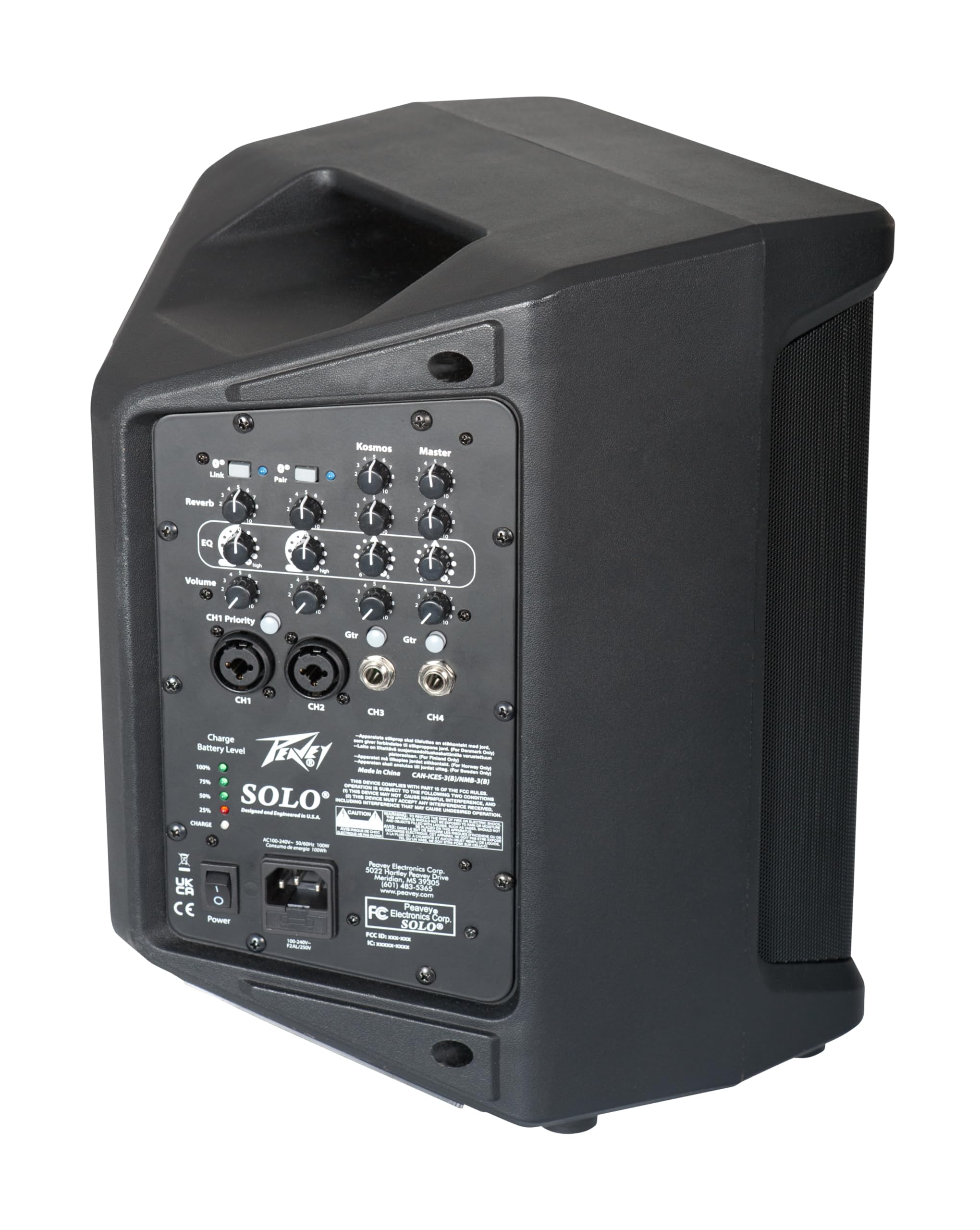 Peavey Solo® Battery Powered Portable PA and Busking Amp, 10-Hour Battery Life, Bluetooth, 4-Channels, Lightweight, Fast Rechargeable Battery, Guitar Input, Reverb Included