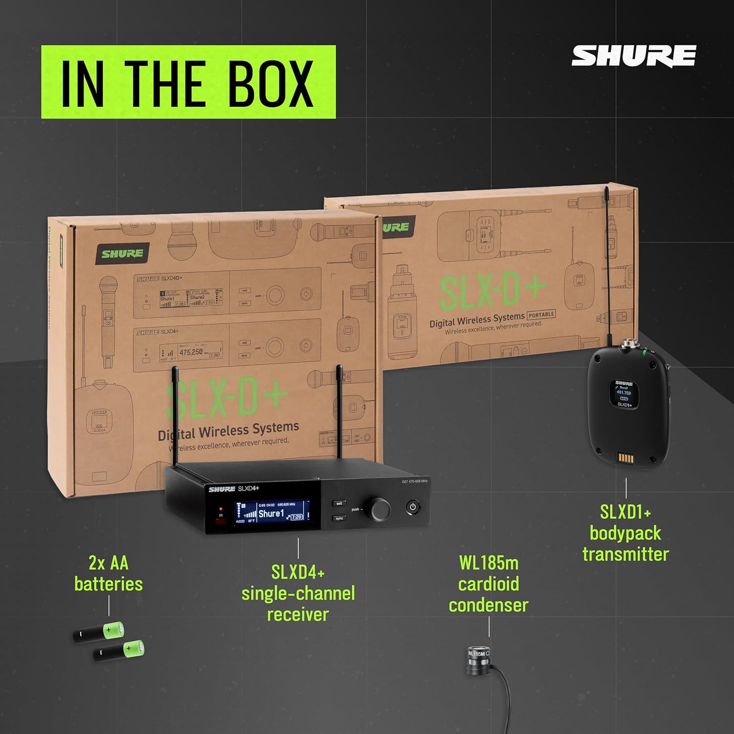 Shure SLXD14+/85M Wireless System - Includes SLXD4+ Receiver, SLXD1+ Bodypack with WL185M Lavalier Mic, Bluetooth Monitoring, Feedback Reduction, WWB and Mobile App Control, G57 Band
