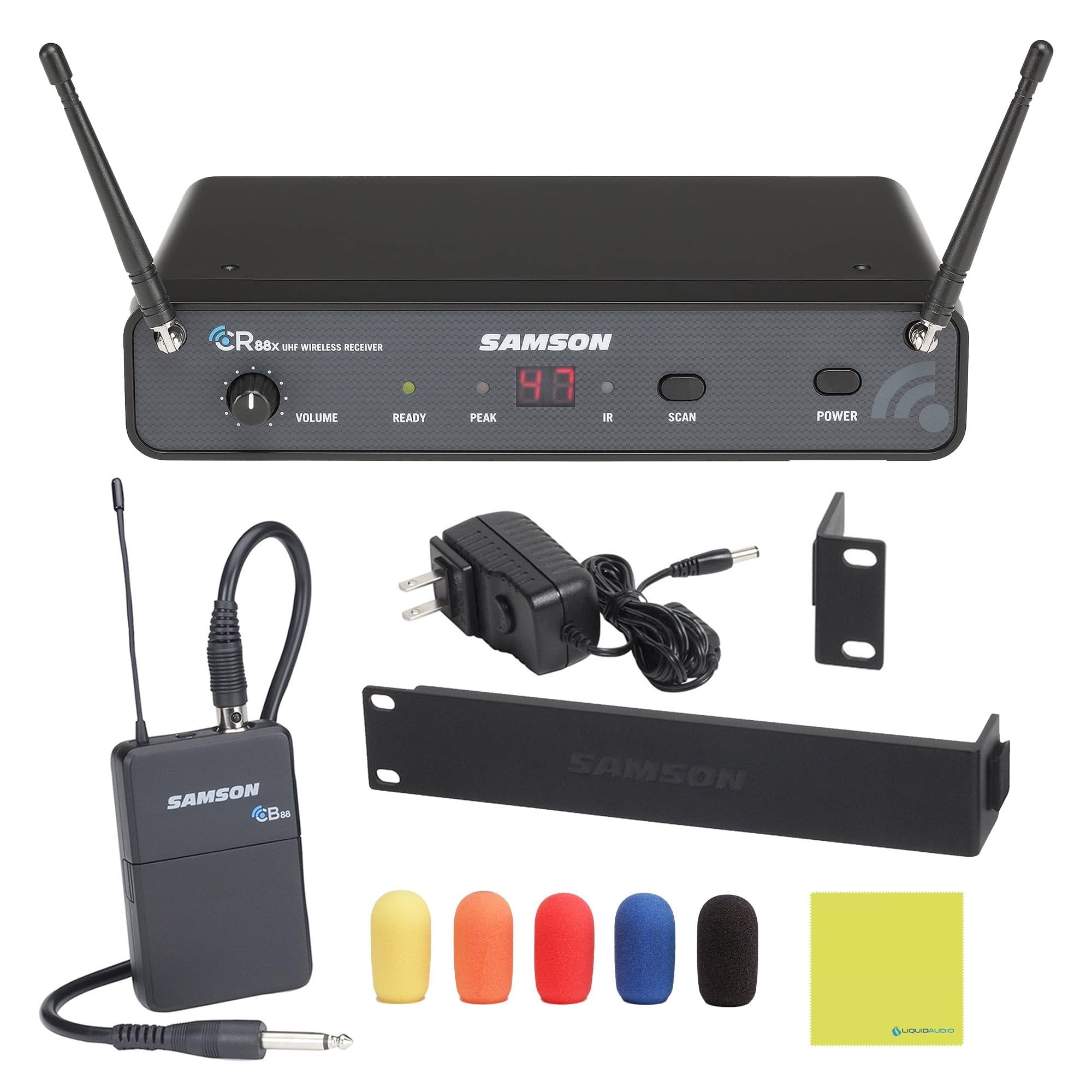 Samson Concert 88x Guitar Wireless System Bundle with Samson WS5E Headset Windscreen 5-Pack & Polishing Cloth – SWC88XBGT-K, K Band: 470–494 MHz
