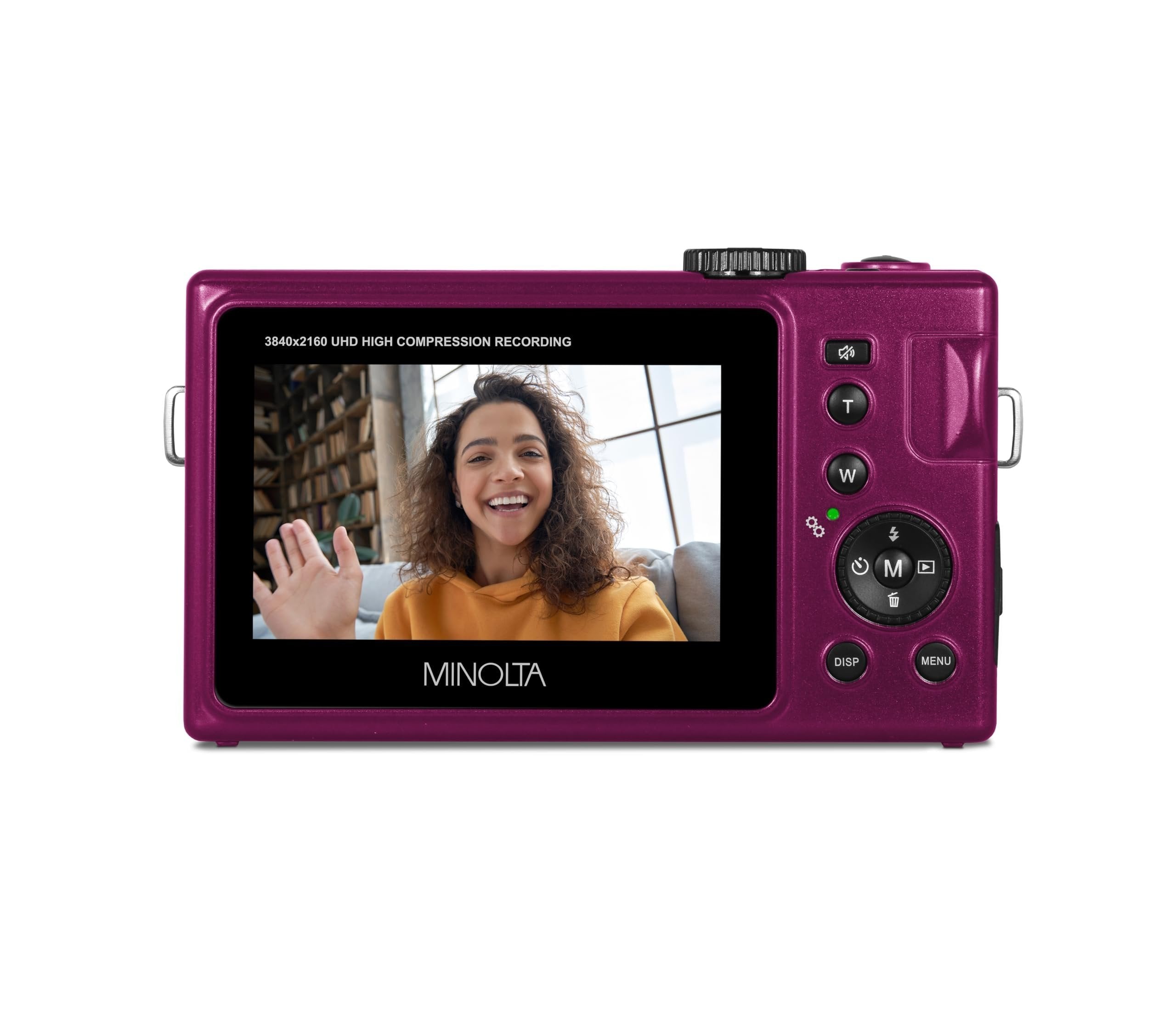 Minolta 48MP Autofocus Digital Camera with Selfie Mirror – 4K Ultra HD Video, 16x Digital Zoom, 3.0” LCD, Face Detection, Smile Capture, Scene Modes, Rechargeable Battery, Memory Card (Magenta)