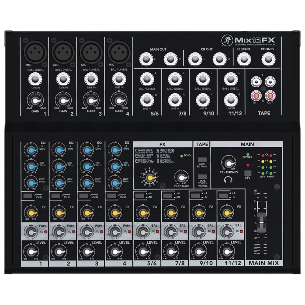 Mackie Mix12FX 12-Channel Compact Mixer with Effects Bundle with 2x Pig Hog 10ft XLR Tour Grade Microphone Cables & Polishing Cloth – Built-In FX, 3-Band EQ, and Stereo RCA I/O