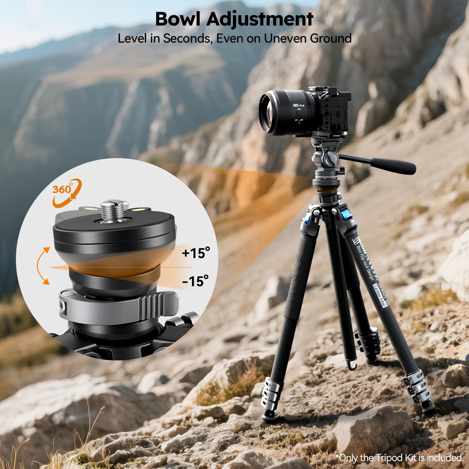 SIRUI Carbon Fiber Travel Tripod with Fluid Head, 60" Lightweight Compact Tripod for Cameras, Quick Mini Flip Locks, Reversible Center Column, Max Load 11lbs (L-224FL+KV-5)