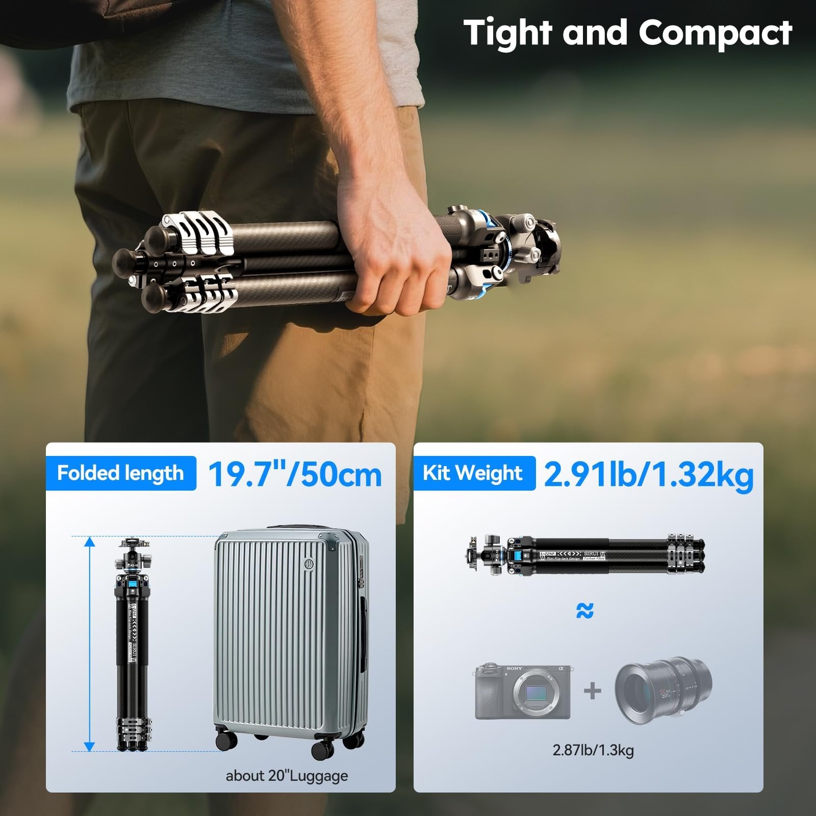 SIRUI Carbon Fiber Travel Tripod with Low Profile Ball Head, 58.6" Lightweight Compact Tripod for Cameras, Quick Mini Flip Locks, Reversible Center Column, Max Load 33lbs (L-224FL+KS-10)