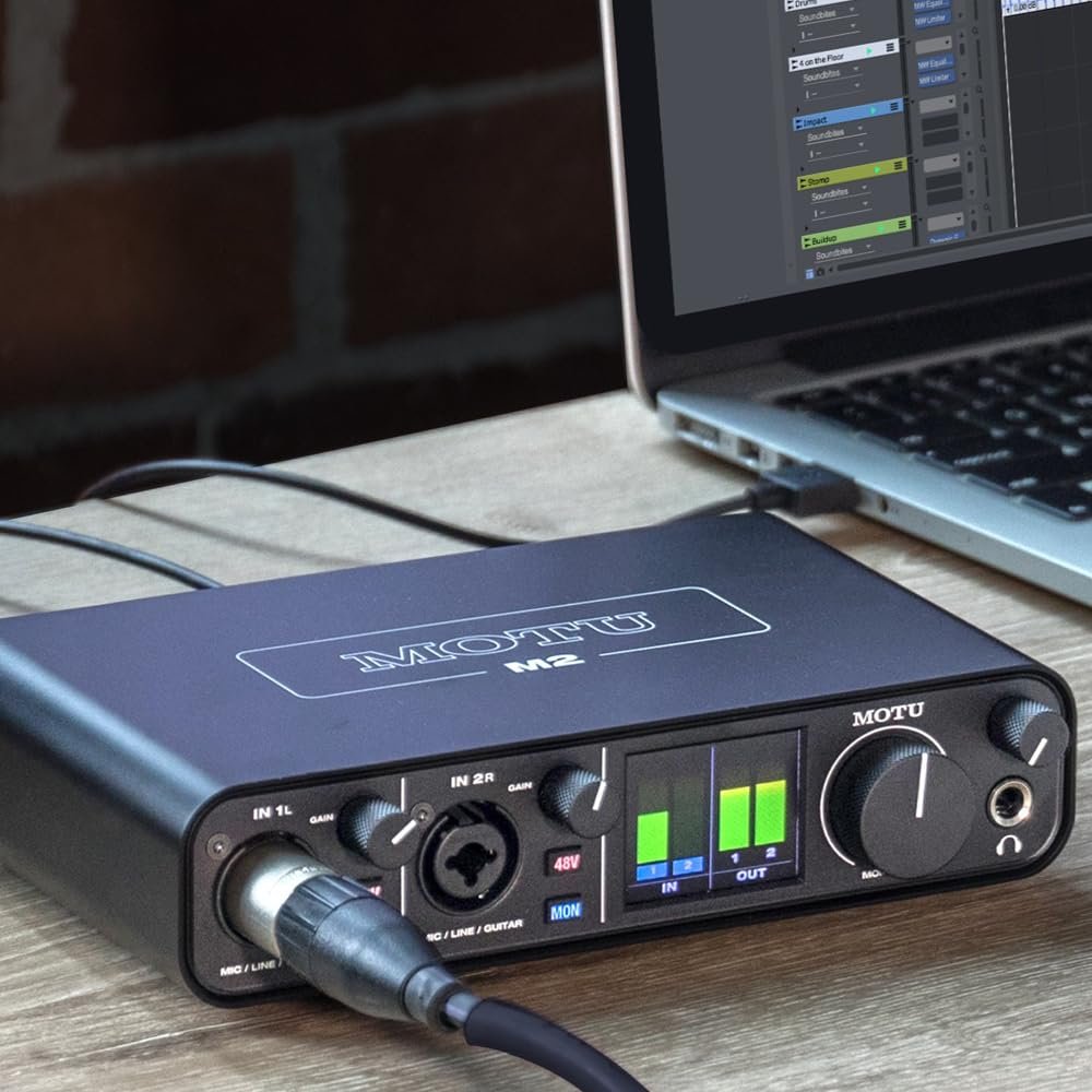 MOTU M2 USB-C Audio Interface Bundle with 2x Pig Hog 10ft XLR Tour Grade Microphone Cables & Polishing Cloth – 2x2 Interface with ESS Sabre32 Ultra DAC & Loopback for Streaming