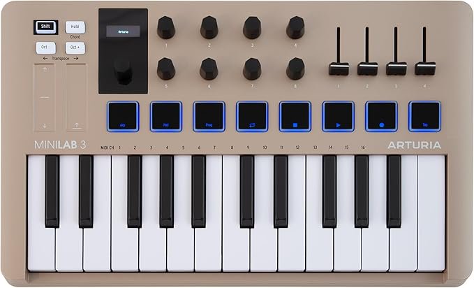 Arturia MiniLab 3, 25 Slim-Key USB-C Midi Controller with 5-Year Warranty, 8 Backlit LED Pads, 8 Knobs, 4 Faders, Midi Out, Built-in Arpeggiator, Chord mode and Software Bundle