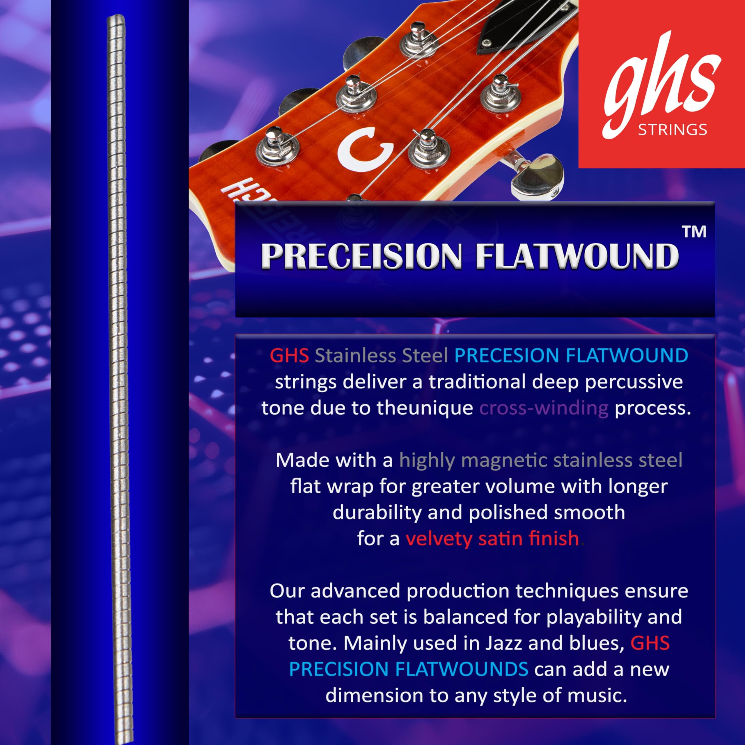 GHS Strings - Precision Flatwound - Electric Guitar Strings - Stainless Steel - High Volume - Polished Smooth - (L) - Light Gauge (900 SET) - 12-50