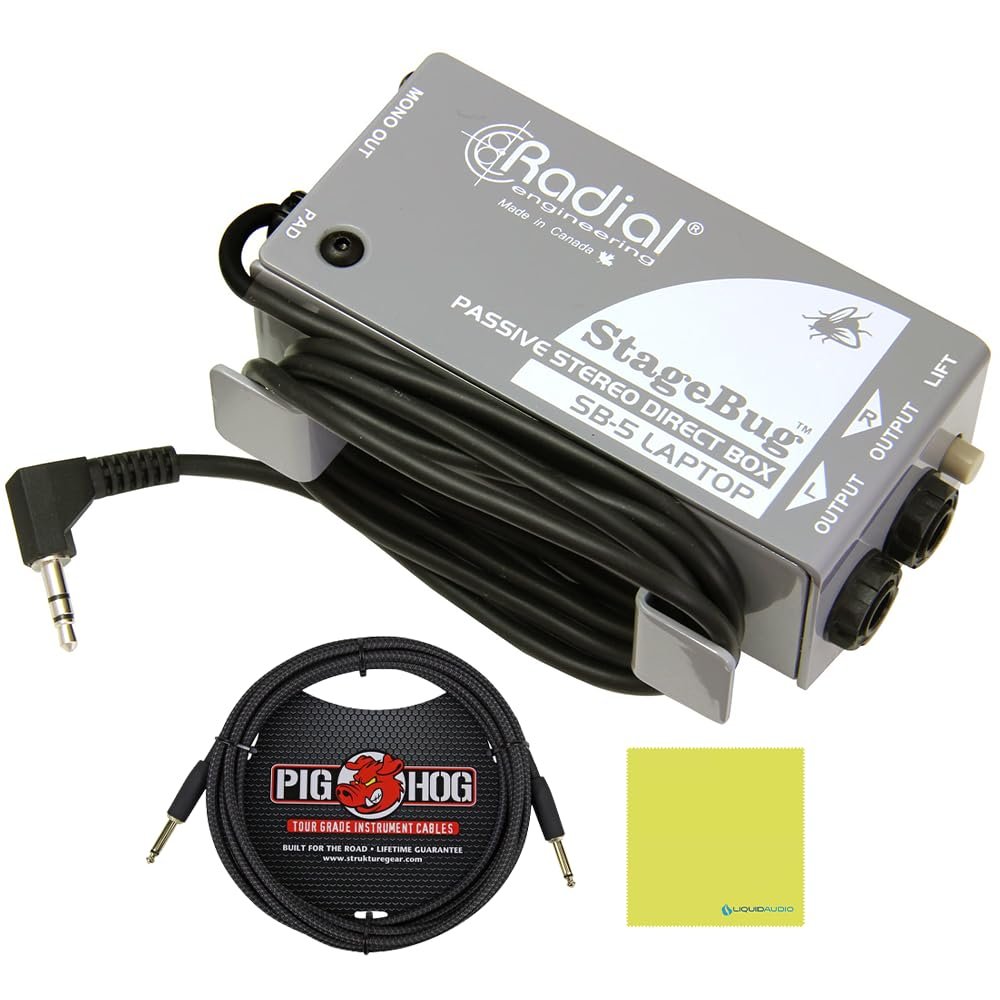 Radial Engineering StageBug SB-5 Compact Passive Stereo Laptop DI for Laptops & Mobile Devices Bundle w/Pig Hog "Black Woven" Instrument Cable and Liquid Audio Polishing Cloth