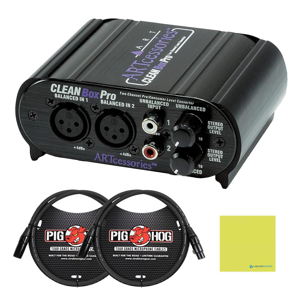 ART CLEANBox Pro Dual Channel Level Converter Bundle with 2x 3ft Pig Hog 8mm XLR Mic Cables & Polishing Cloth – Converts Between Consumer & Pro Line Levels, Balanced & Unbalanced Signals