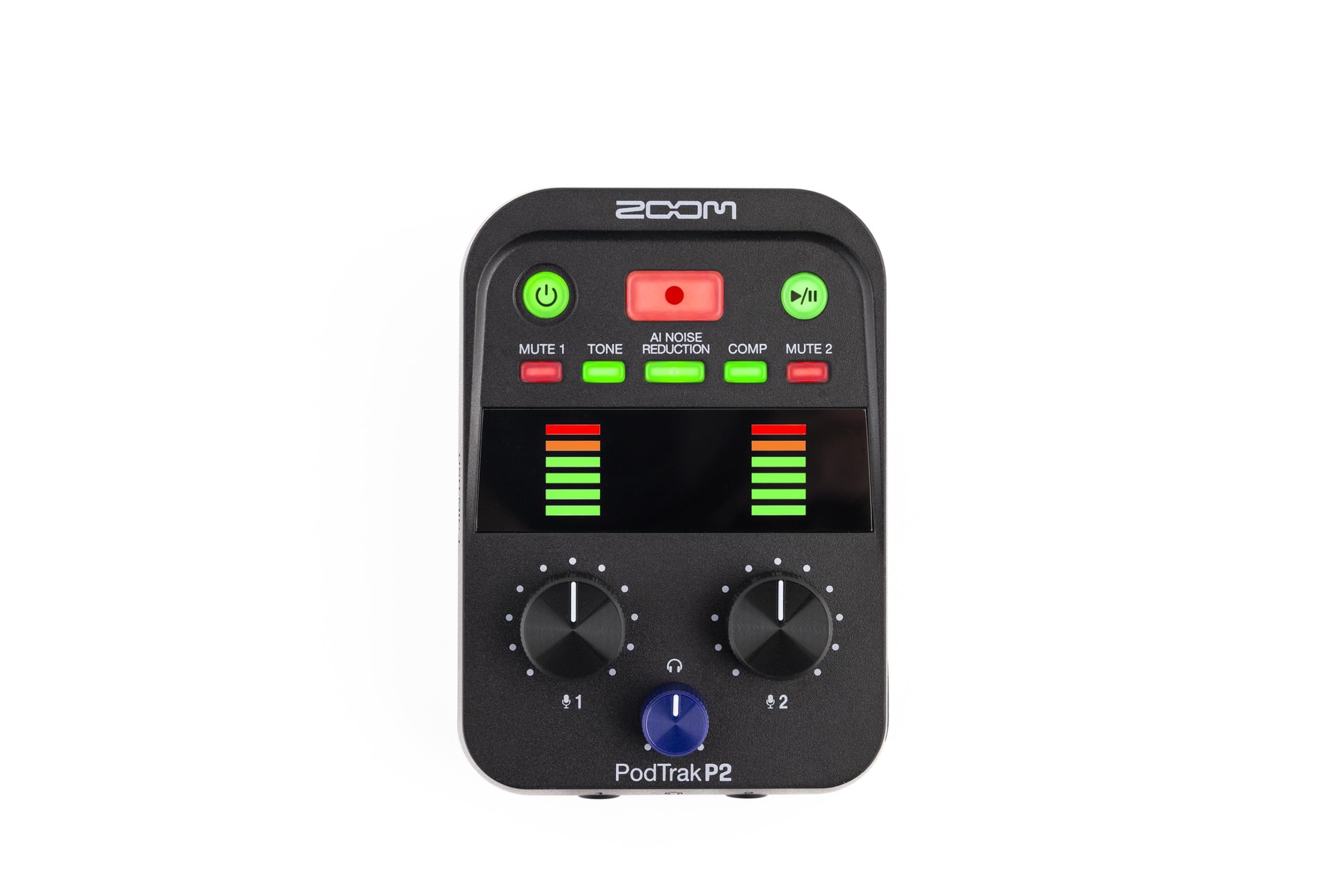 Zoom PodTrak P2 Podcast Recorder, 2 USB Mic Inputs, 2 Headphone Outputs, AI Noise Reduction, Tone & COMP Effects, Remote Guest Recording, SD Card, Battery/USB-C Powered