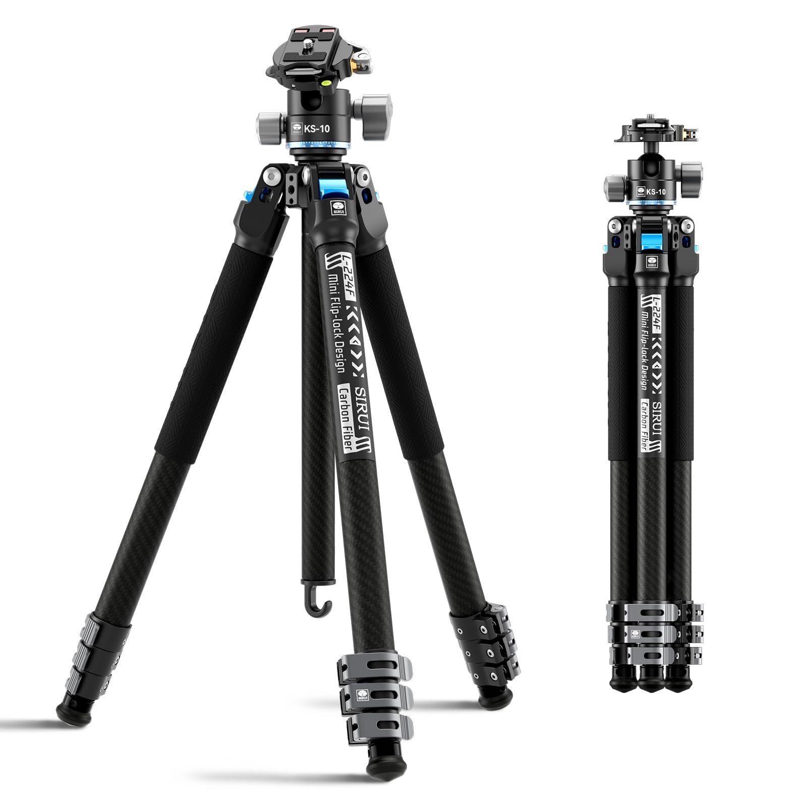 SIRUI Carbon Fiber Travel Tripod with Low Profile Ball Head, 58.6" Lightweight Compact Tripod for Cameras, Quick Mini Flip Locks, Reversible Center Column, Max Load 33lbs (L-224FL+KS-10)