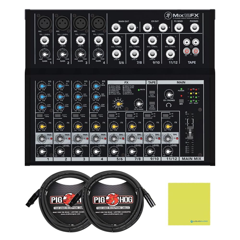 Mackie Mix12FX 12-Channel Compact Mixer with Effects Bundle with 2x Pig Hog 10ft XLR Tour Grade Microphone Cables & Polishing Cloth – Built-In FX, 3-Band EQ, and Stereo RCA I/O