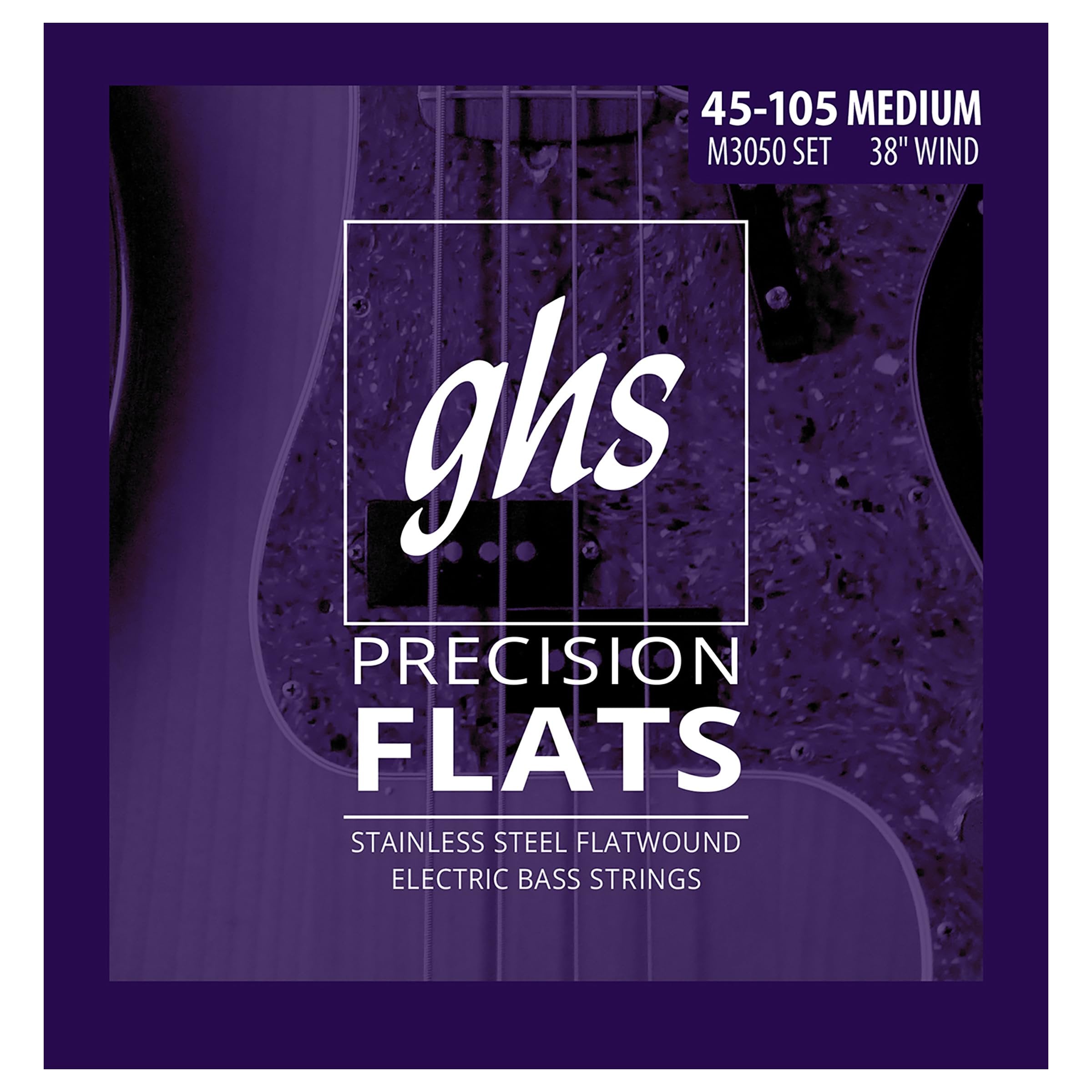 GHS Strings M3050 4-String Bass Precision Flats, Stainless Steel Flatwound Bass Strings, 38" Winding, Medium (45-105)