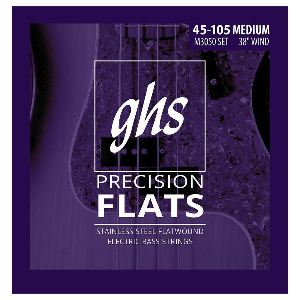 GHS Strings M3050 4-String Bass Precision Flats, Stainless Steel Flatwound Bass Strings, 38