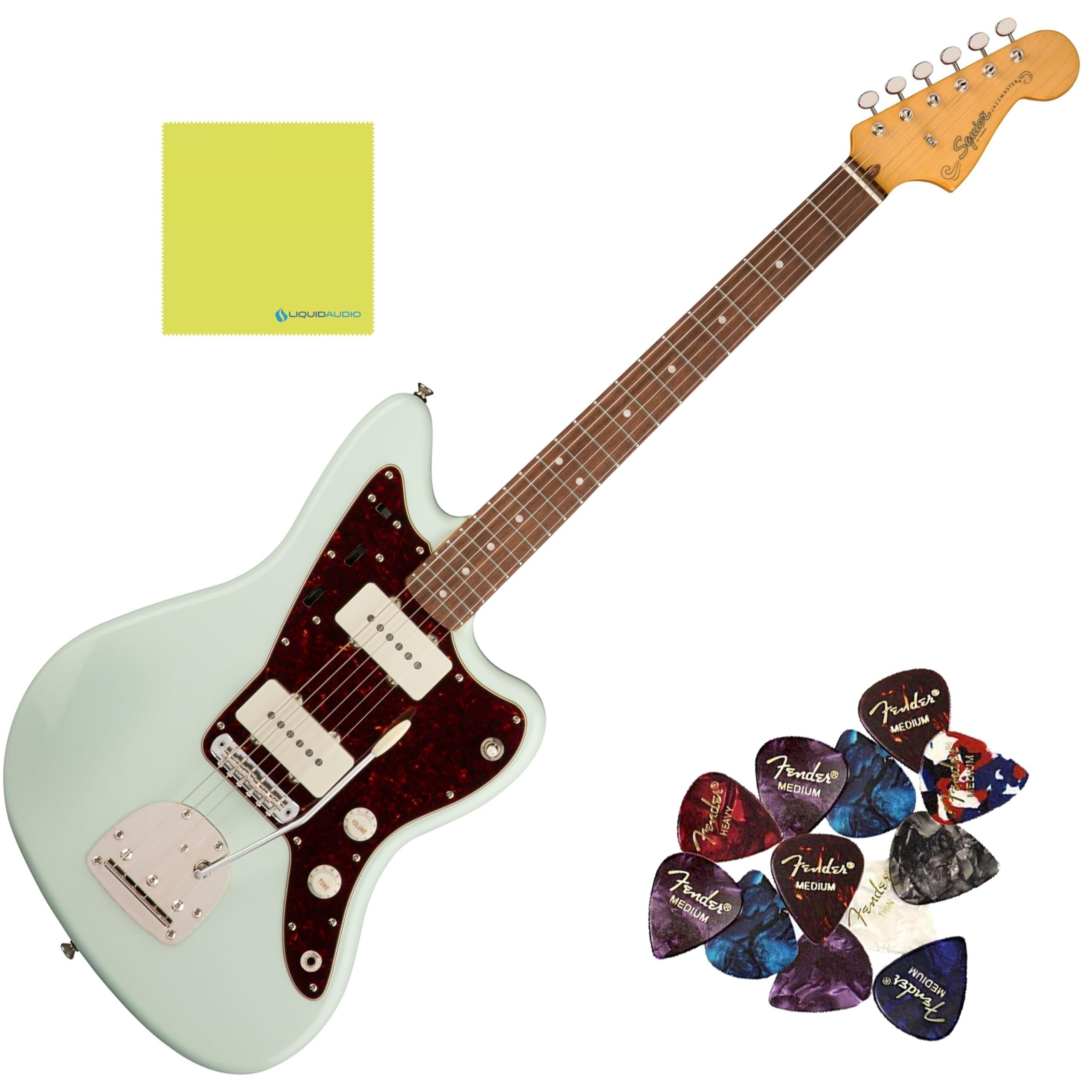 Squier Classic Vibe '60s Jazzmaster Electric Guitar Sonic Blue Bundle with 12x Guitar Picks & Polishing Cloth – Laurel Fingerboard, Vintage-Style Tremolo, Alnico Single-Coil Pickups