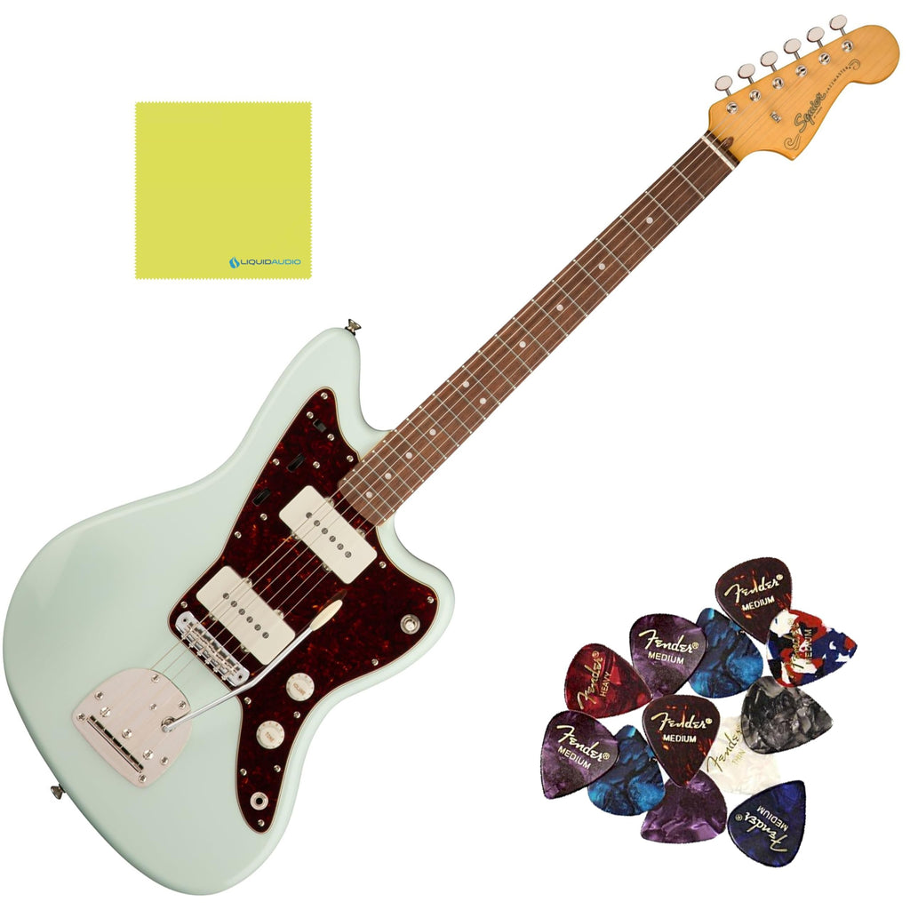 Squier Classic Vibe '60s Jazzmaster Electric Guitar Sonic Blue Bundle with 12x Guitar Picks & Polishing Cloth – Laurel Fingerboard, Vintage-Style Tremolo, Alnico Single-Coil Pickups