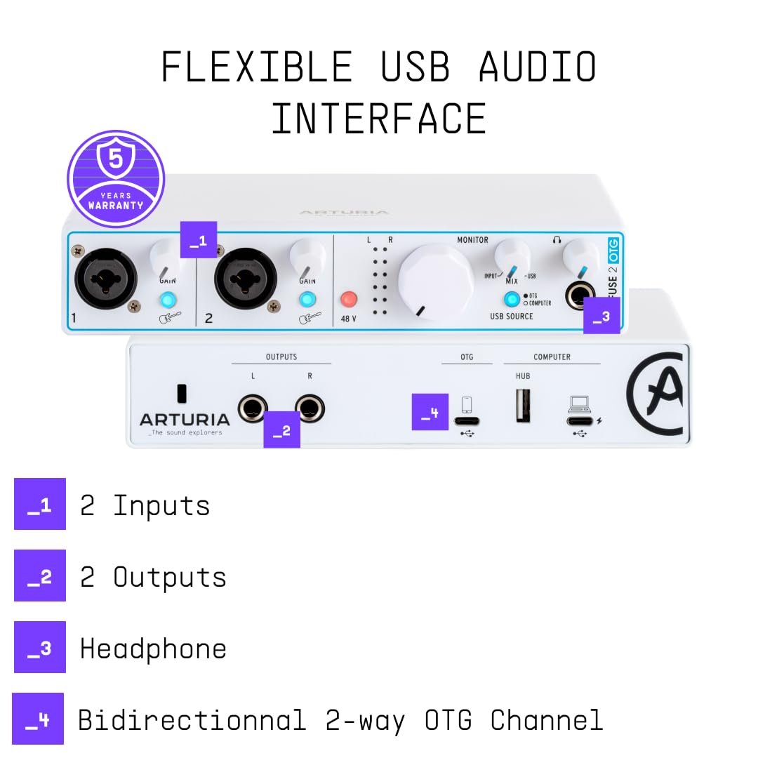 Arturia - MiniFuse 2 OTG - Audio & MIDI Interface with Creative Software for Recording, Production, Podcasting, Guitar, USBC/USBA - White
