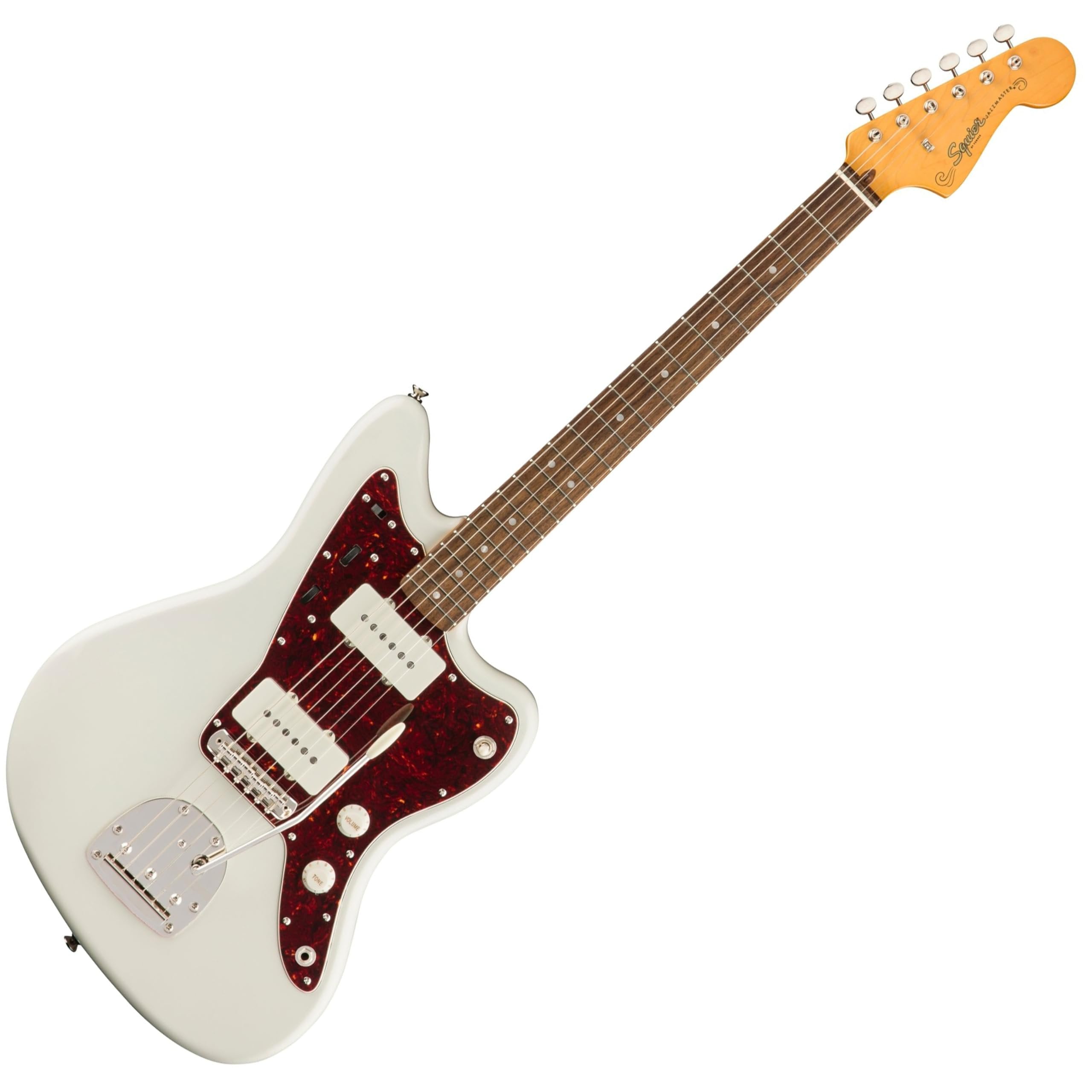 Squier Classic Vibe '60s Jazzmaster Electric Guitar Bundle with 12 Guitar Picks & Polishing Cloth – Olympic White, Laurel Fingerboard, Vintage-Style Tremolo, Alnico Single-Coil Pickups