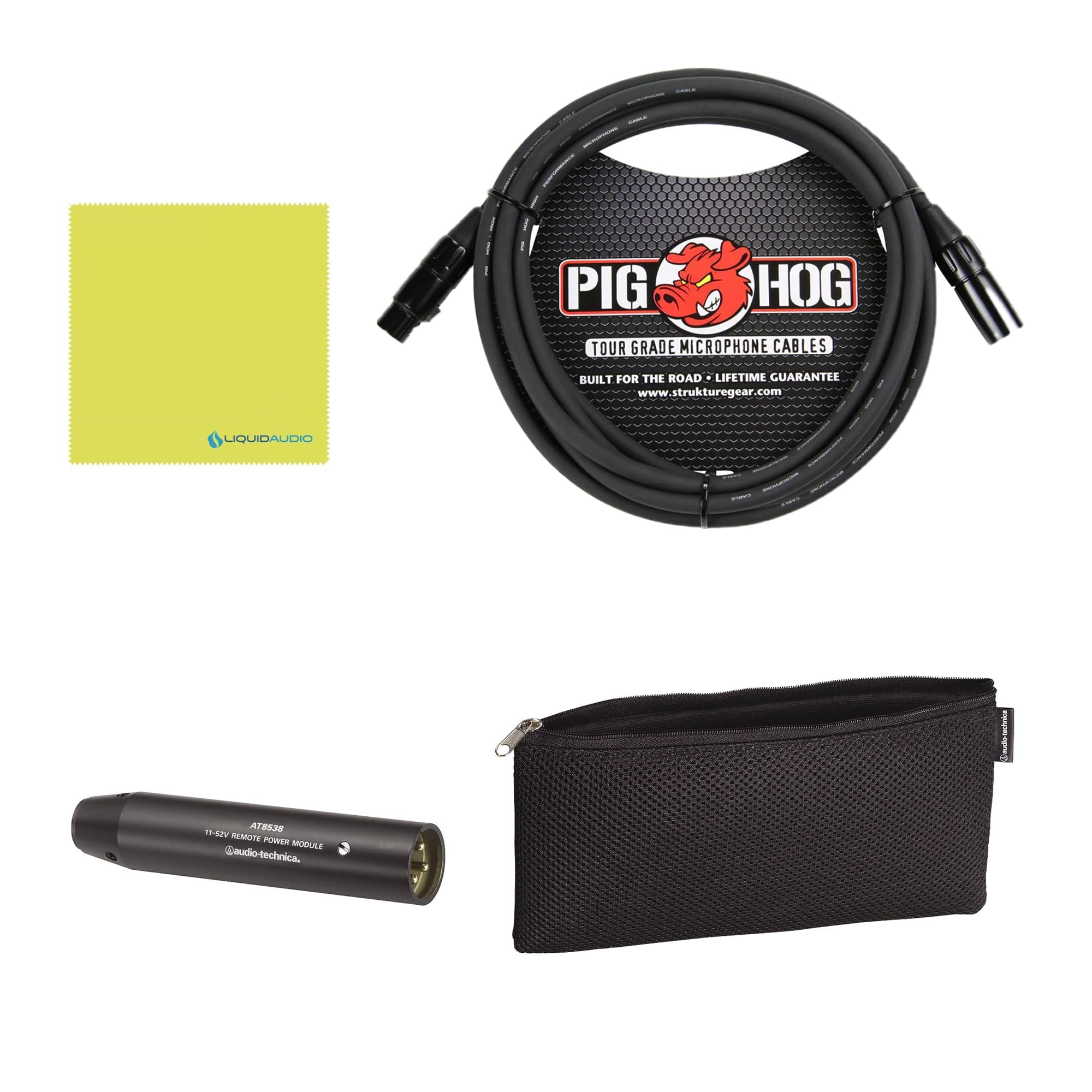 Liquid Audio Audio Technica PRO35 Cardioid Condenser Clip-on Instrument Microphone - Wired XLR Power Module Bundle w/Pig Hog PHM10 8mm XLR Mic Cable Polishing Cloth