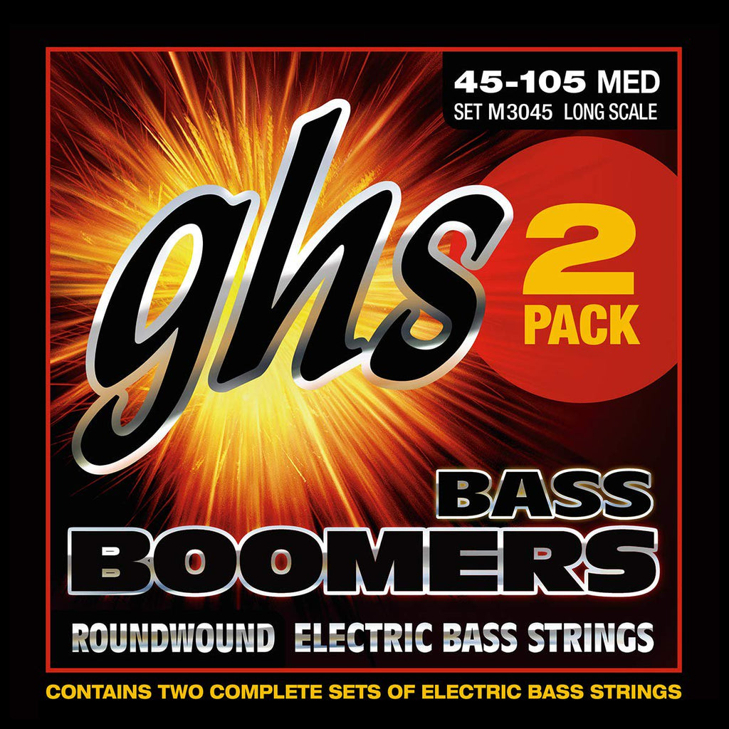 GHS Strings M3045-2, 4-String Bass Boomers, Nickel-Plated Electric Bass Strings, Long Scale, Medium, Pack of 2 (45-105),BLACK