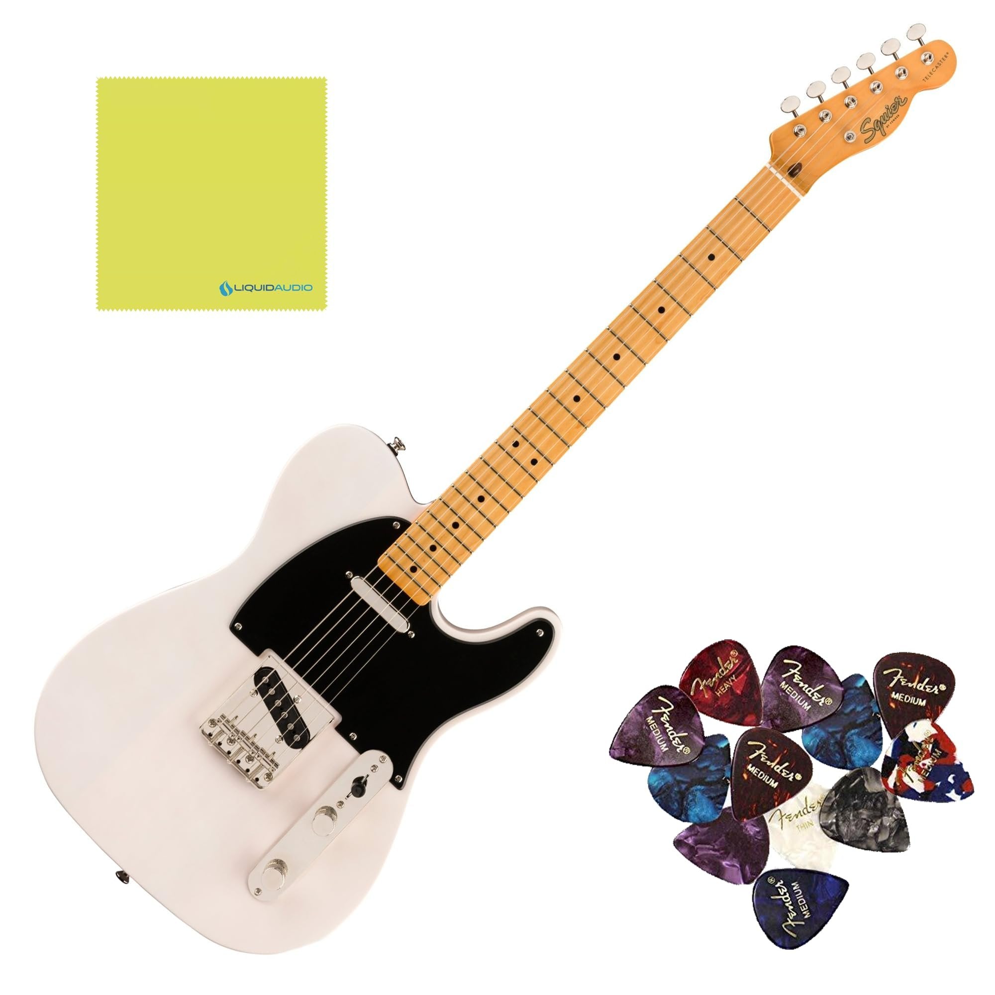 Squier Classic Vibe '50s Telecaster, Maple Fingerboard, Aged White Blonde - 0374030501 Bundle w/ 12-Pack Guitar Pick and Liquid Audio Polishing Cloth