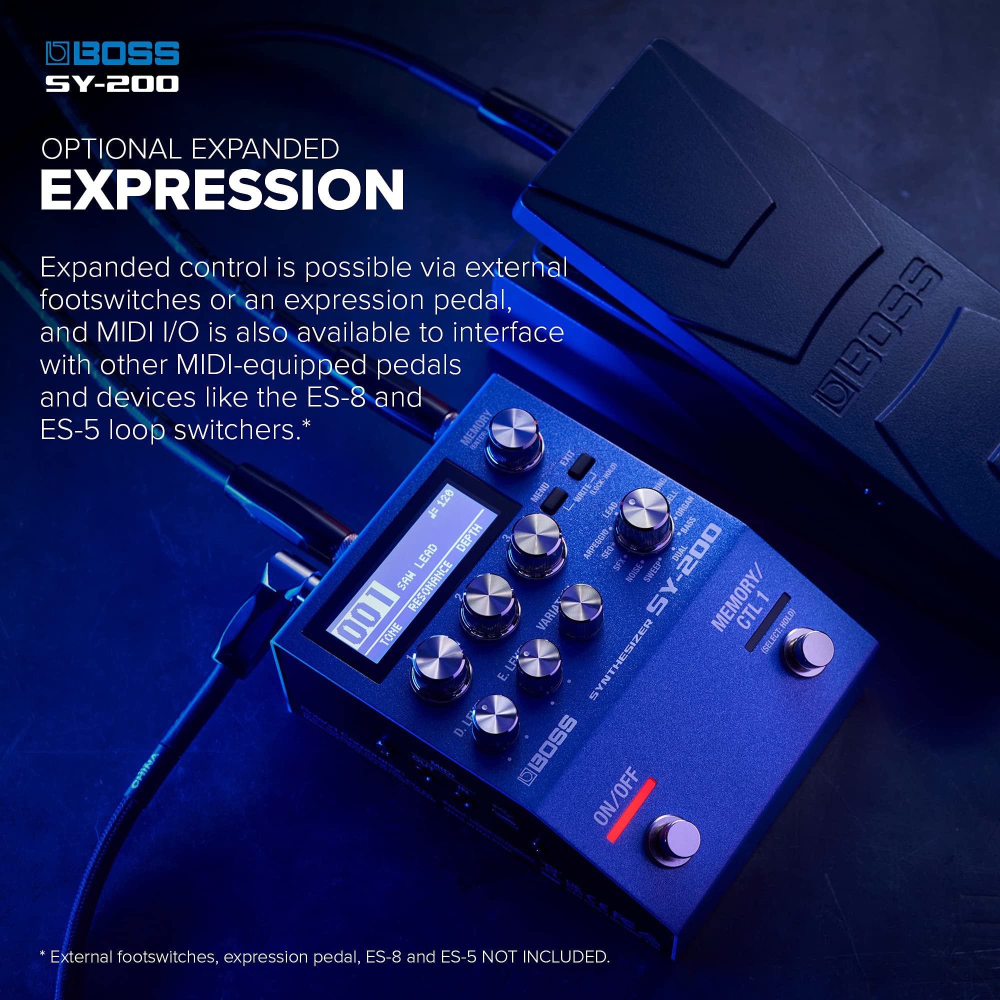 BOSS SY-200 SYNTHESIZER EFFECTS PEDAL – Advanced BOSS Polyphonic Guitar Synth Technology in a Streamlined 200 Series Pedal for any Guitar or Bass – Full MIDI I/O – 128 Memories – 171 Synth Sounds