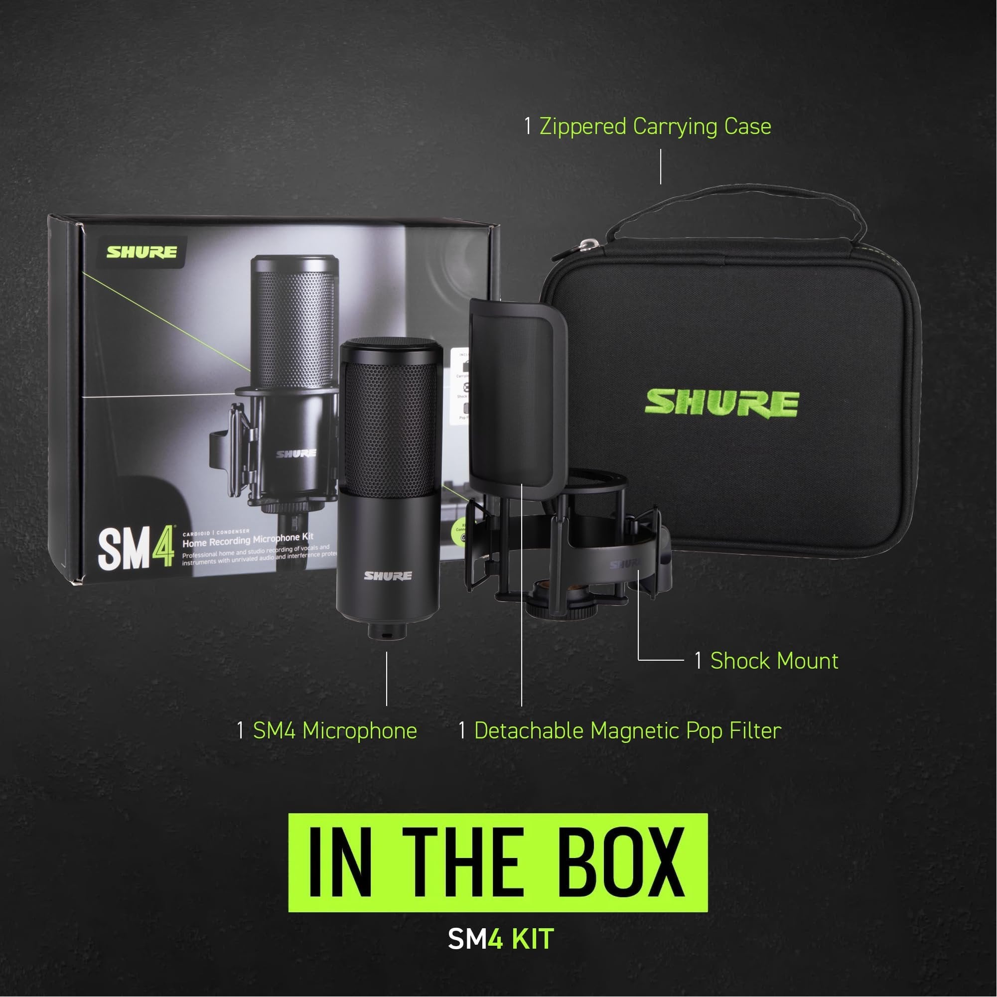 Shure SM4 Studio Recording Microphone Kit, XLR Home Studio Condenser Mic with Mix-Ready Audio - All-Metal Construction, Includes Detachable Magnetic Pop Filter & Shock Mount (SM4-K-KIT)