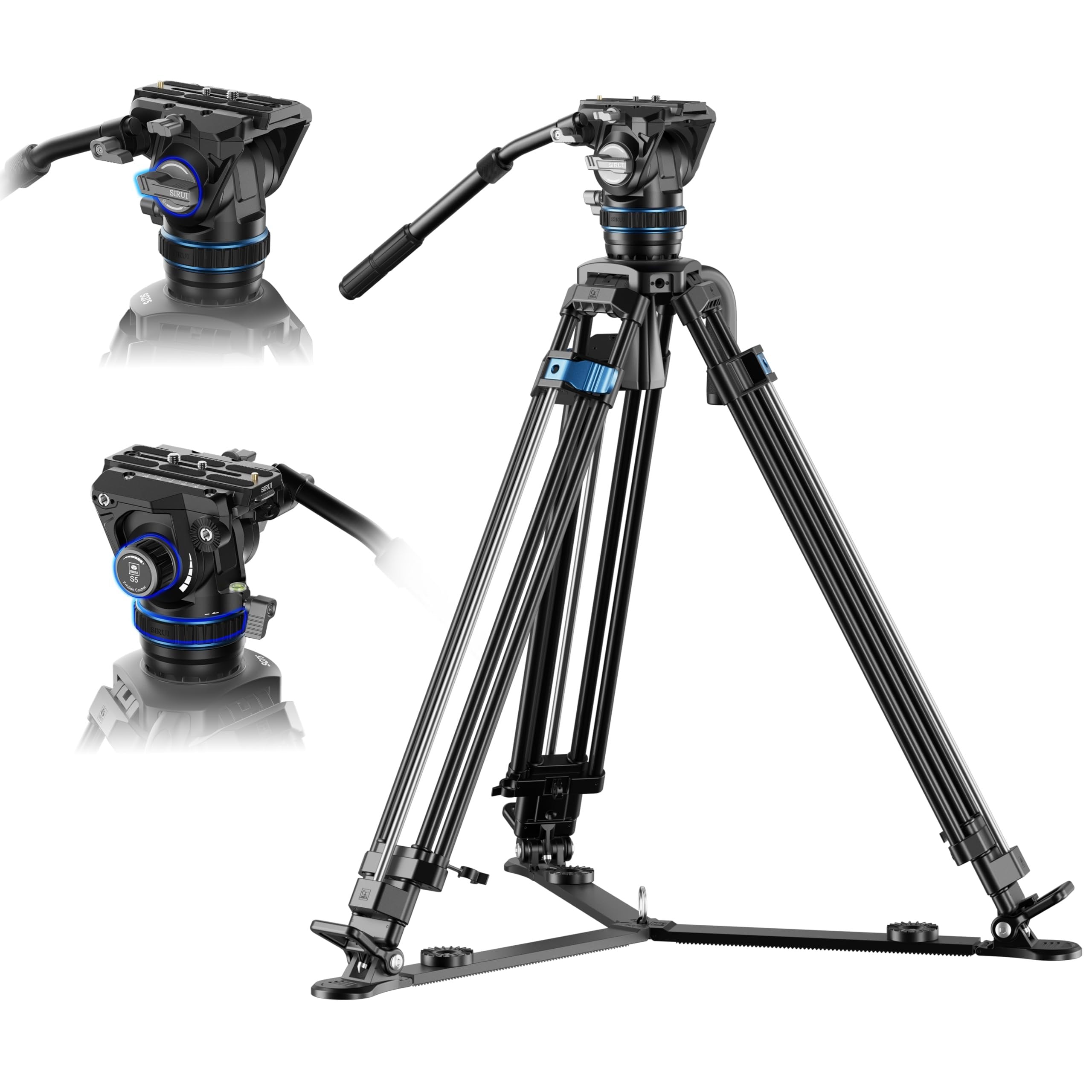 SIRUI SQ75A Video Tripod with Hydraulic Fluid Head, 70.1" Rapid Heavy Duty Tripod for Camera, Stepless Damping on Tilt & Pan, Dual QR Plate Mode, Aluminum Alloy, Max Load 8kg/17.6lb (SQ75A+S5)