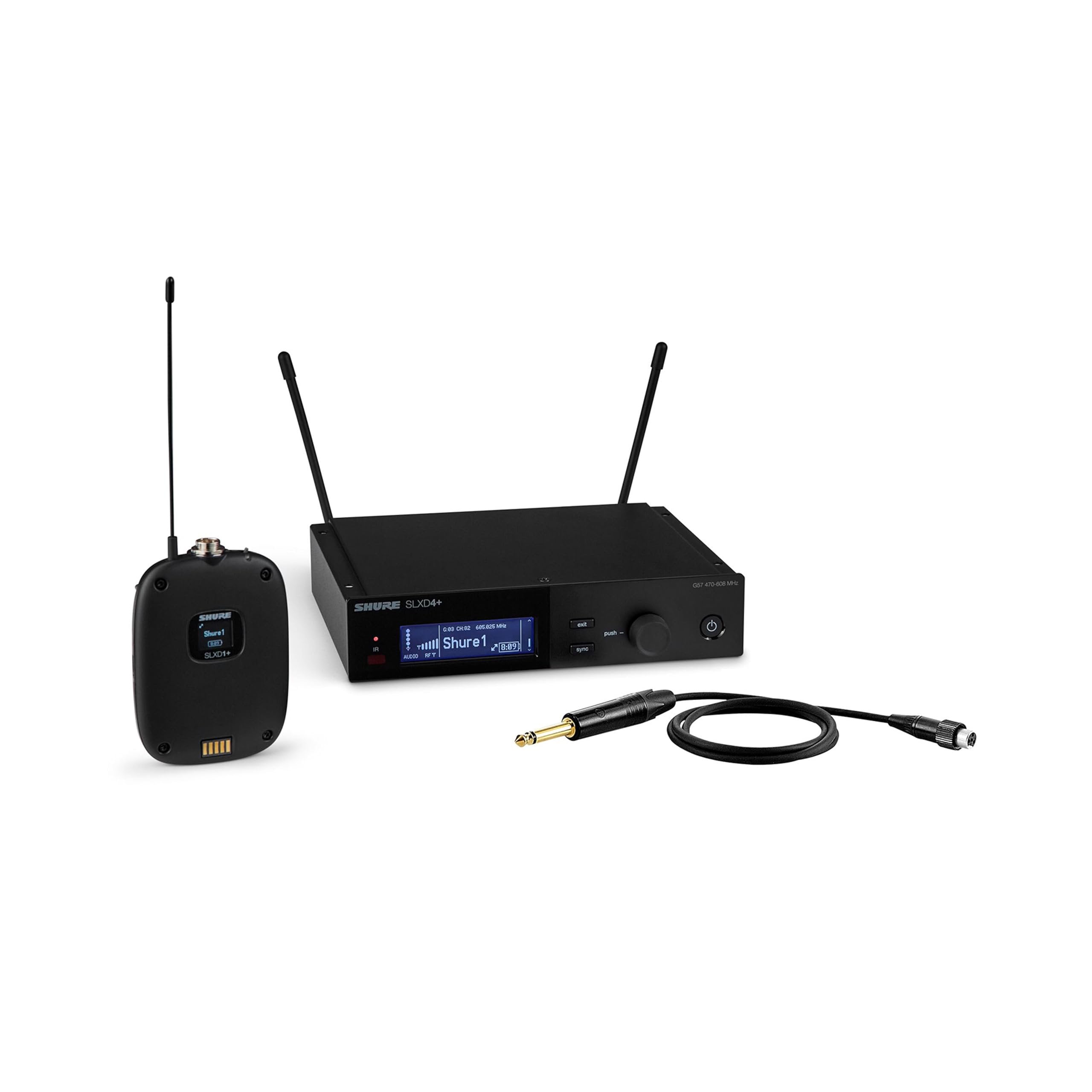 Shure SLXD14+ Wireless System - Includes SLXD4+ Receiver, SLXD1+ Bodypack with WA305 Cable for Guitar/Bass, Bluetooth Monitoring, Feedback Reduction, WWB and Mobile App Control, G57 Band