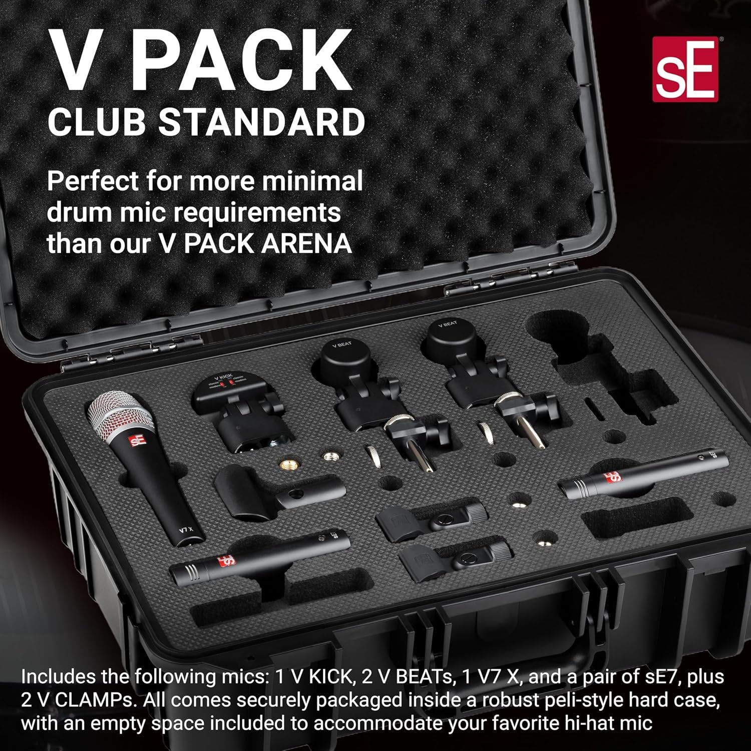 SE ELECTRONICS V Pack Club Standard Drum Mic Kit for Toms, Snares & Bass Drums - Includes 1 V Kick, 2 V Beats, 2 V Clamps, 1 V7 X Instrument Microphone, 2 sE7 Condensers & More