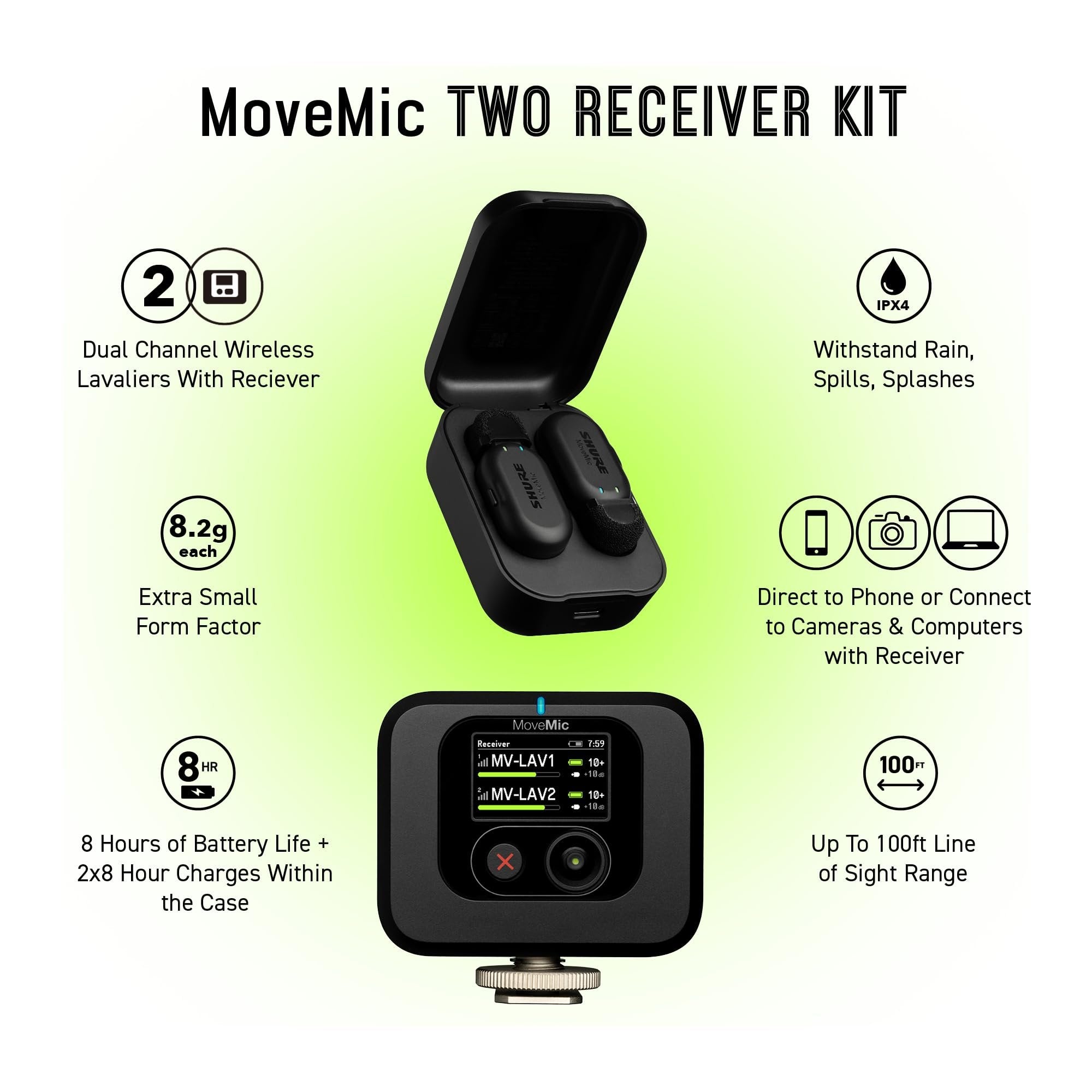 Shure MoveMic Two Kit - Pro Wireless Lavalier Microphones with Camera Receiver for DSLRs, iPhone, Android, Mac & PC, 2 Bluetooth Mini Mics, 24 Hours Charge, IPX4, Portable Clip Lavs (MV-Two-KIT-Z7)