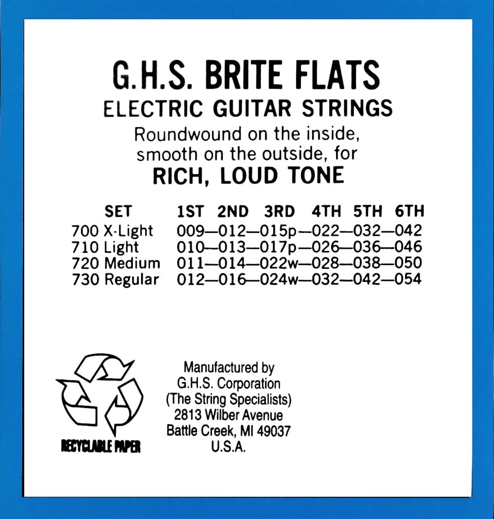 GHS String - Brite Flats - Flatwound Guitar Strings - Alloy 52 - Smoother Flat Surface Extra Bright Tone - Regular Gauge - (730 SET) - 12-54