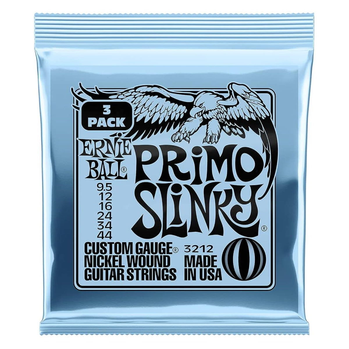 Ernie Ball Primo Slinky Nickel Wound Electric Guitar Strings 3-pack, 9.5-44 Gauge (P03212)