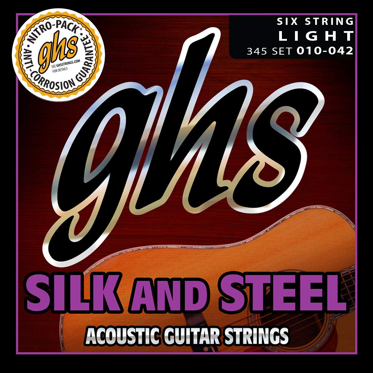 GHS Strings 345 Silk And Steel, Silver-Plated Copper Acoustic Guitar Strings, Light (10-42)