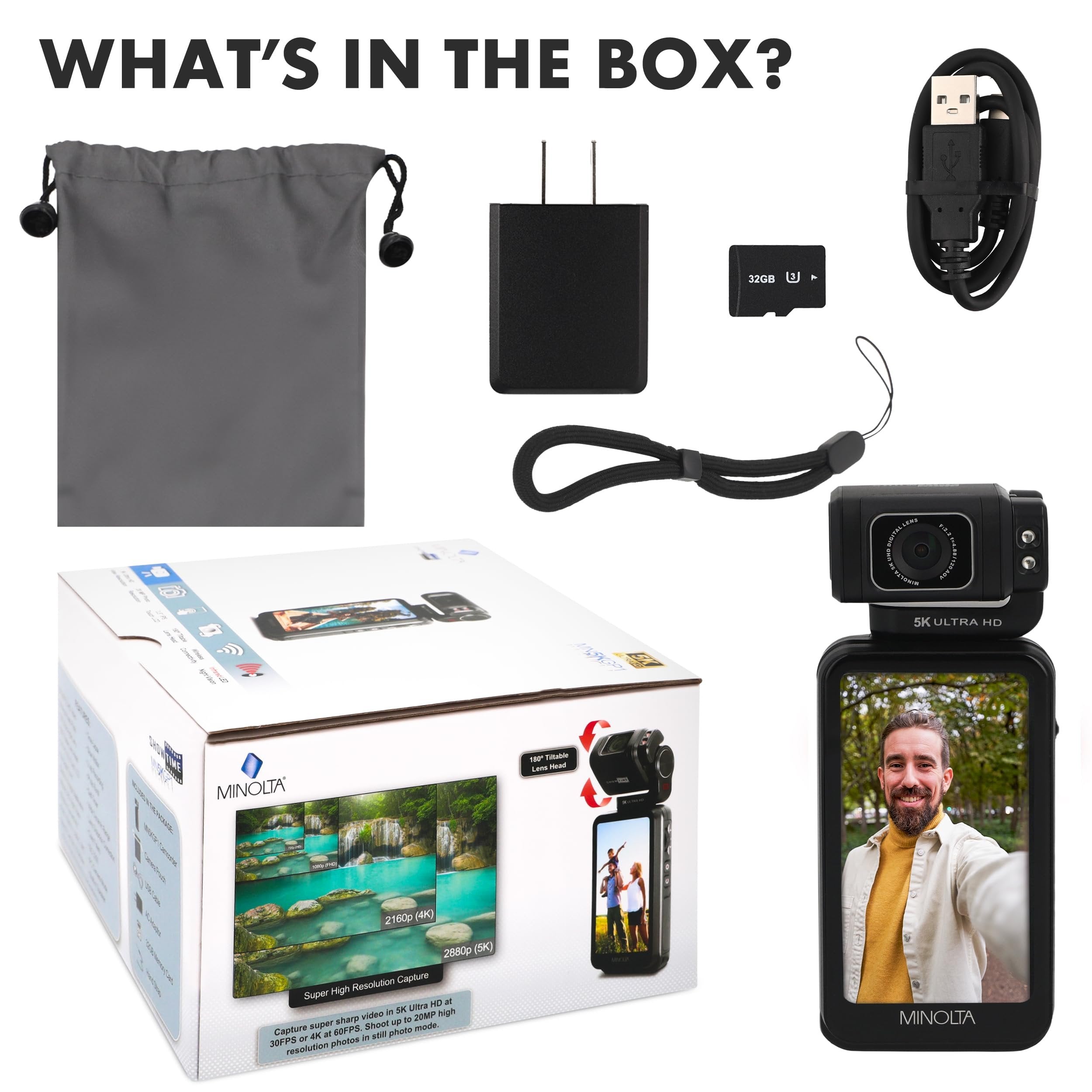 Minolta Pocket Camcorder – 5K Ultra HD Video, 4K at 60fps, 20MP Photos, Night Vision, Motorized 180° Tilting Lens, 3.5” Touchscreen, Wi-Fi, App Control, Infrared Sensor, Compact, Gimbal-Style