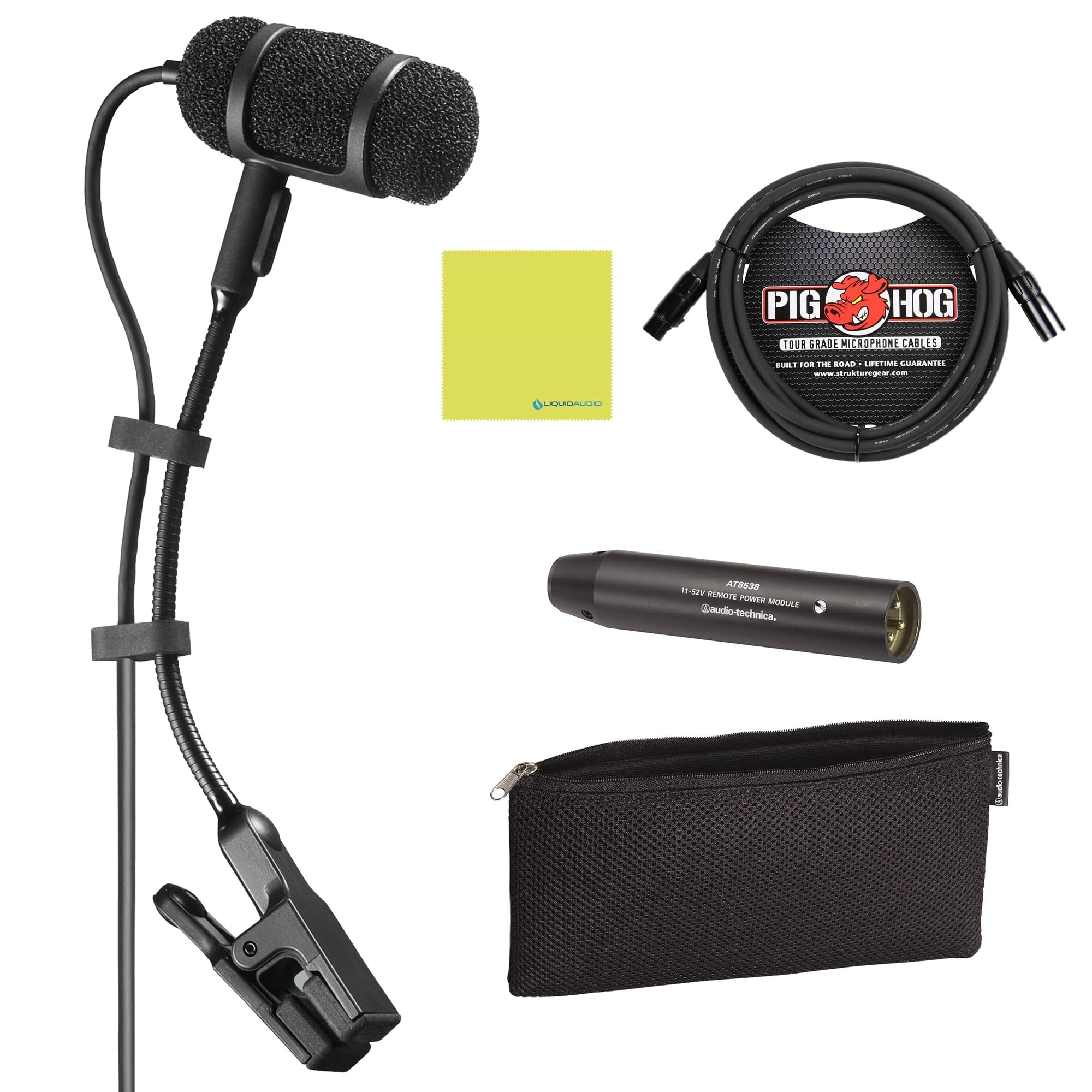 Liquid Audio Audio Technica PRO35 Cardioid Condenser Clip-on Instrument Microphone - Wired XLR Power Module Bundle w/Pig Hog PHM10 8mm XLR Mic Cable Polishing Cloth