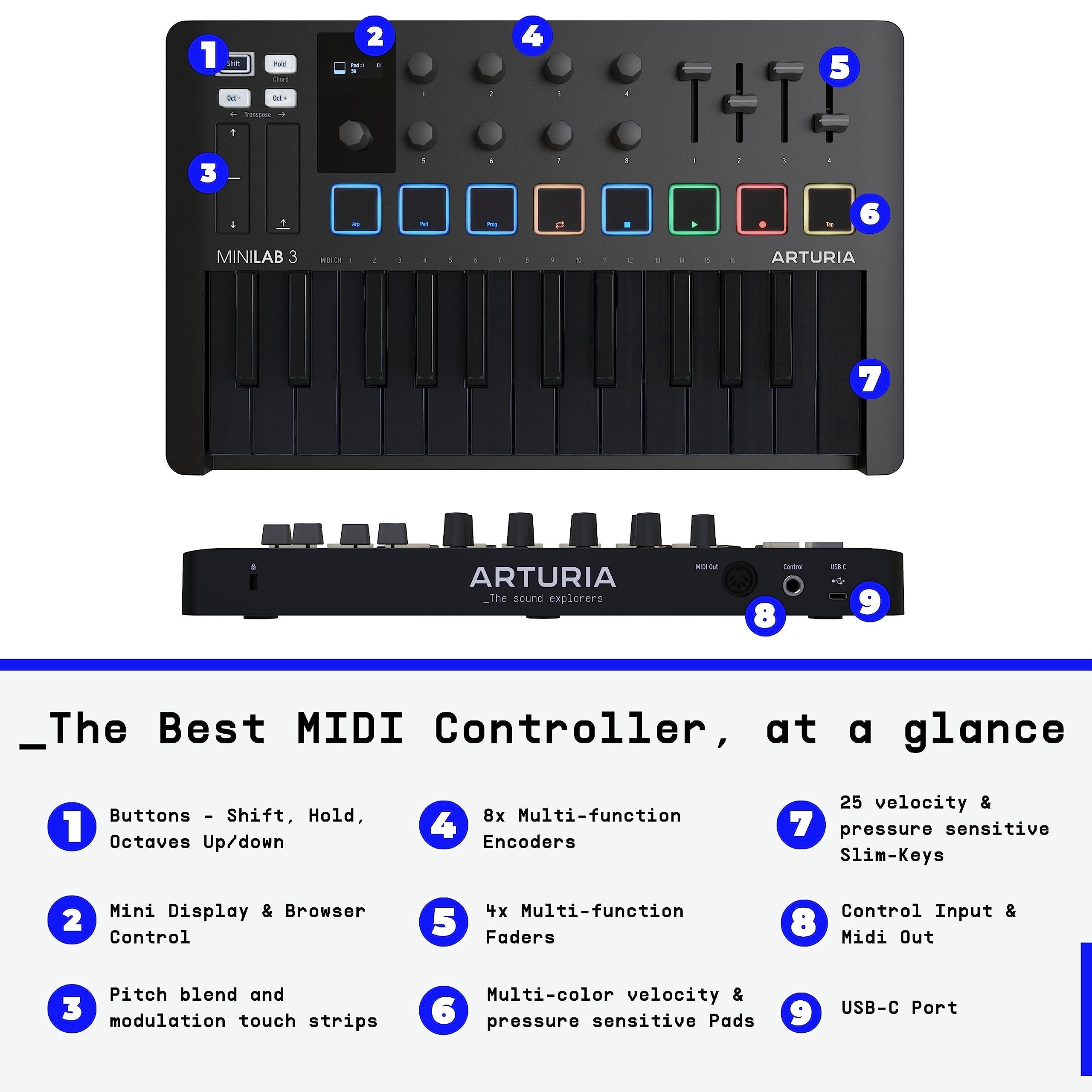 Arturia MiniLab 3, 25 Slim-Key USB-C Midi Controller with 5-Year Warranty, 8 Backlit LED Pads, 8 Knobs, 4 Faders, Midi Out, Built-in Arpeggiator, Chord mode and Software Bundle