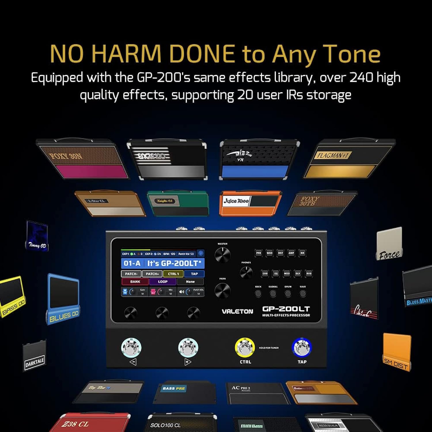 Valeton Multi Effects Pedal Multi Effects Processor Guitar Effects Pedal Bass Pedal Amp Modeling IR Cabinets Simulation Multi-Effects with FX Loop MIDI I/O Stereo OTG USB Audio Interface GP-200LT