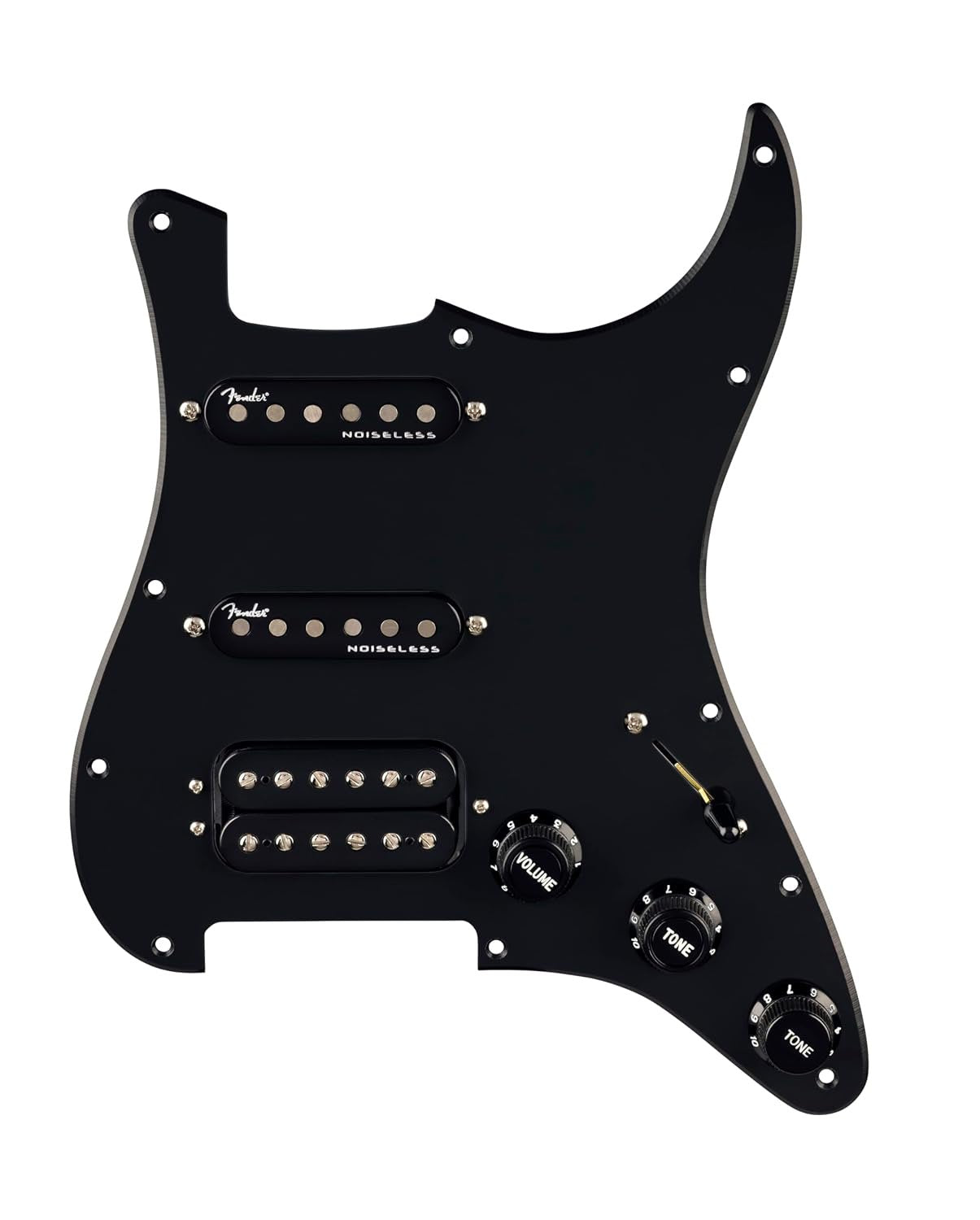 Pre-Wired Strat Pickguard, Quadra Tap/Ultra Noiseless HSS, Black 11 Hole PG