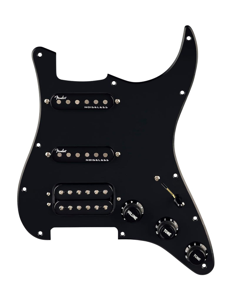 Pre-Wired Strat Pickguard, Quadra Tap/Ultra Noiseless HSS, Black 11 Hole PG