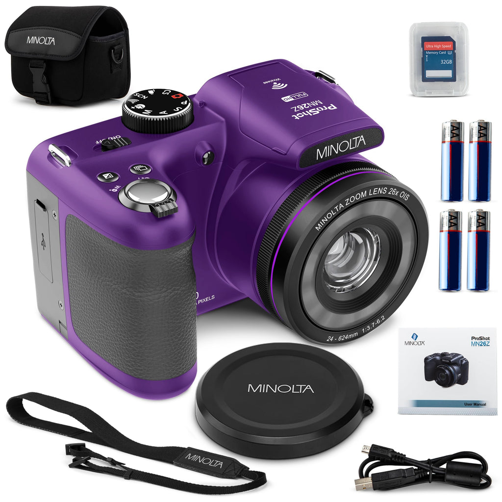 Minolta ProShot 20MP Camera – 26x Optical Zoom Lens, 1080p HD Video, WiFi, 3-inch LCD Screen, Image Stabilization, Face Detection, Scene Modes, Compact Point & Shoot, 32GB Card (Purple)