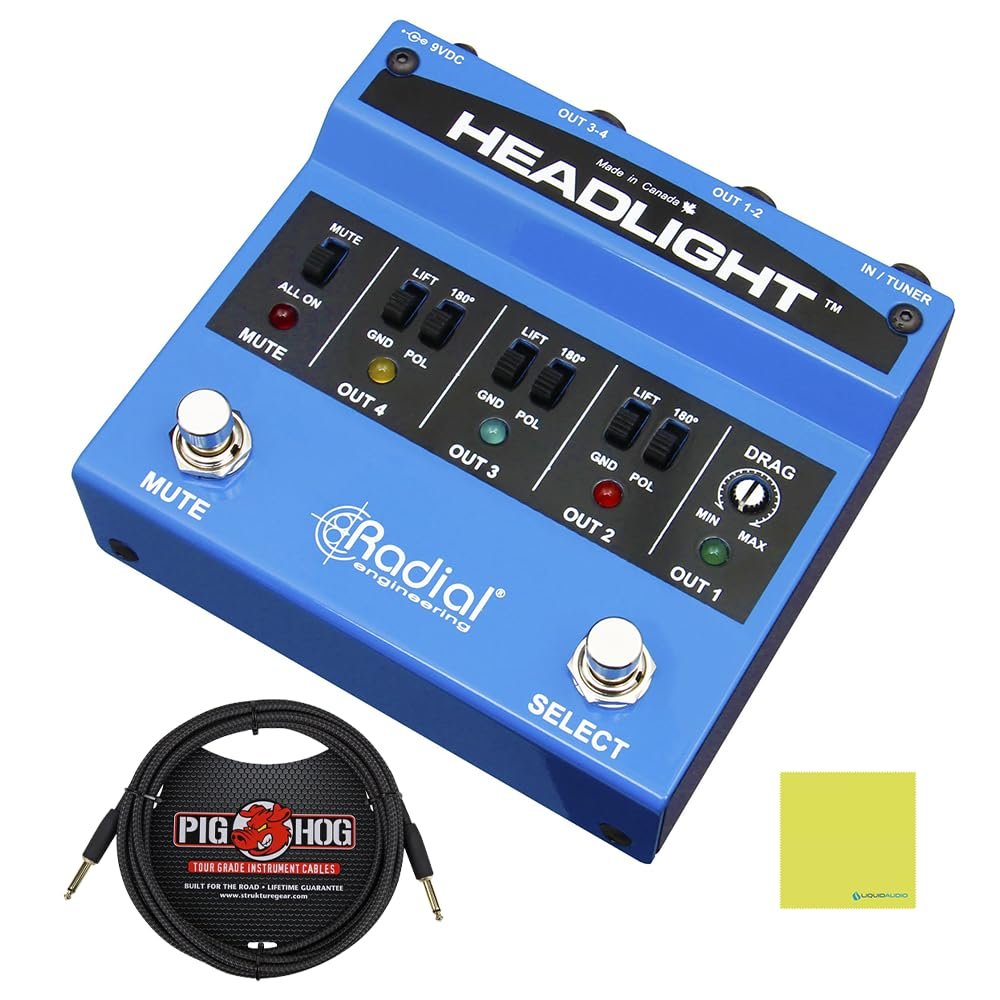Radial Engineering Headlight Four Output Guitar Amp Selector Bundle w/Pig Hog "Black Woven" Instrument Cable and Liquid Audio Polishing Cloth